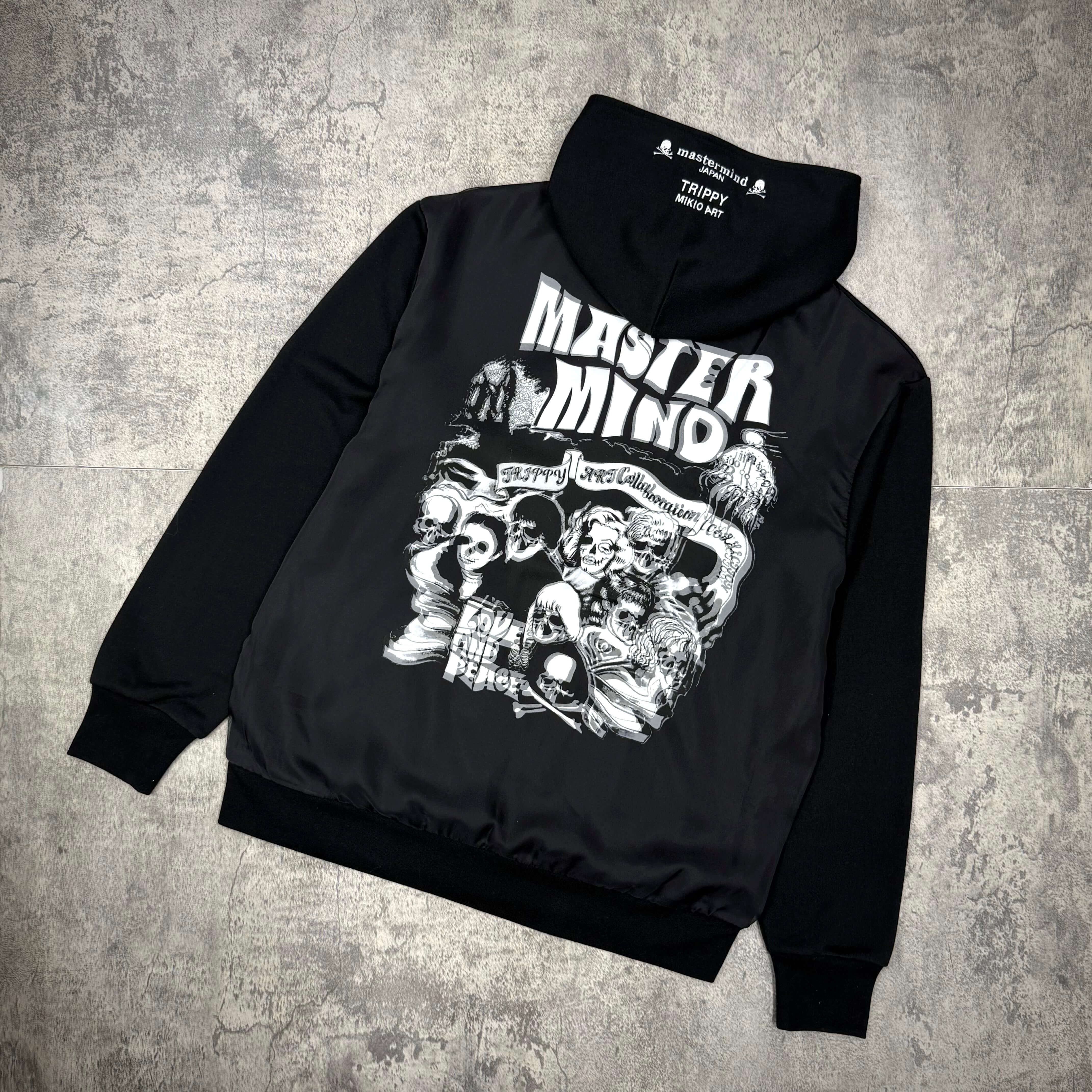 Mastermind Japan x Trippy Art Rock Star Zip Up hoodie featuring a bold graphic design.