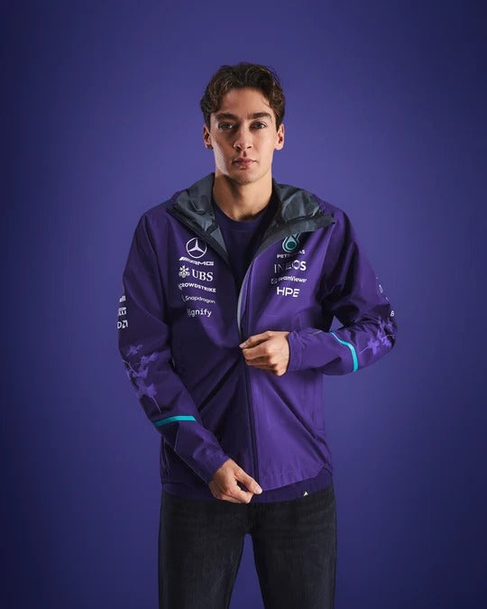 Mercedes-AMG Petronas Formula 1 Team Vanda Bloom Rain Jacket HZ9485 model wearing purple jacket