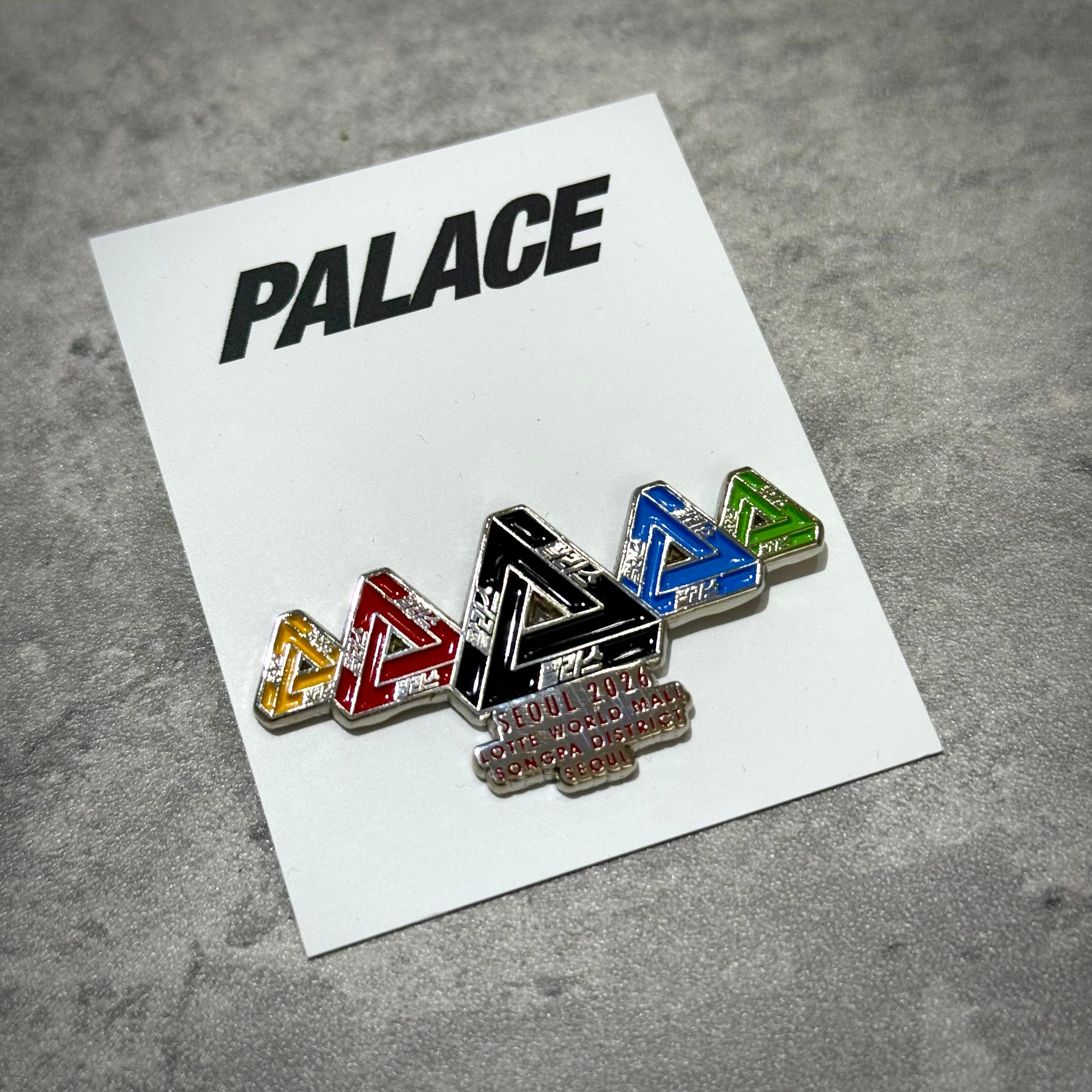 Palace Jamsil Exclusive Accessories colorful enamel pin featuring triangle designs on a branded card.