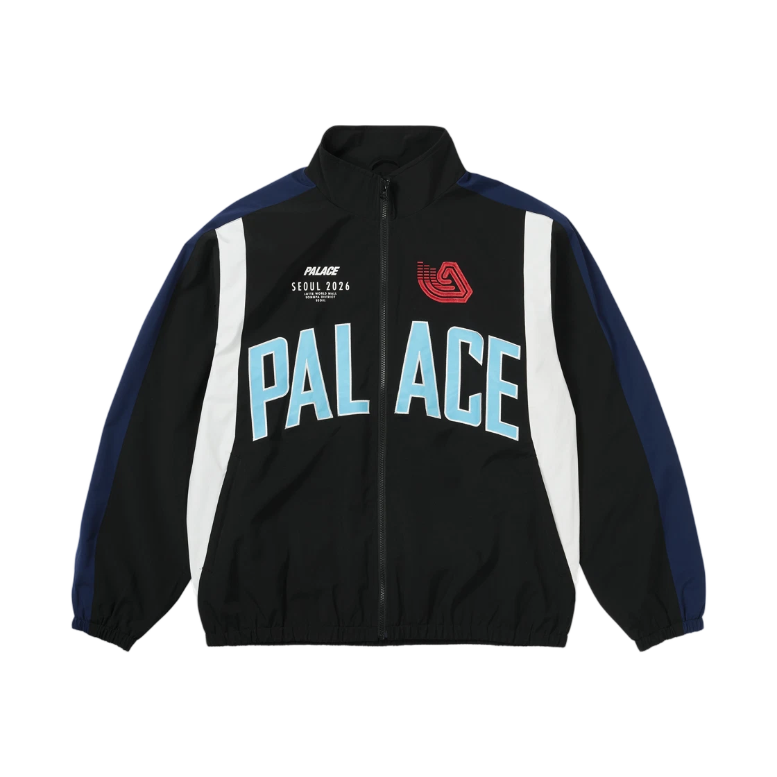 Palace Seoul 3 Jacket in black and purple with bold white lettering and logo, ideal for streetwear enthusiasts.