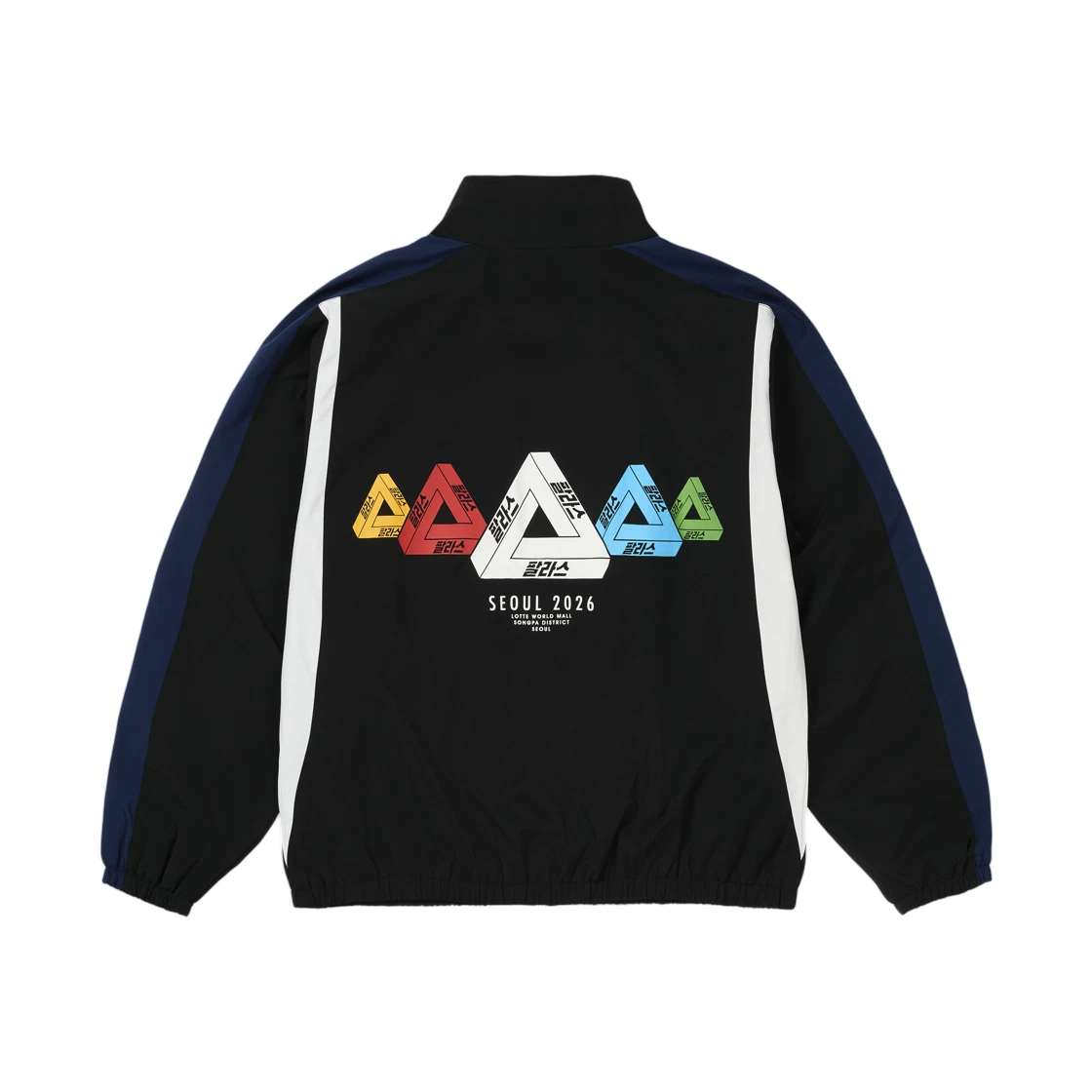 Back view of Palace Seoul 3 Jacket in black with colorful logo design, ideal for streetwear enthusiasts.