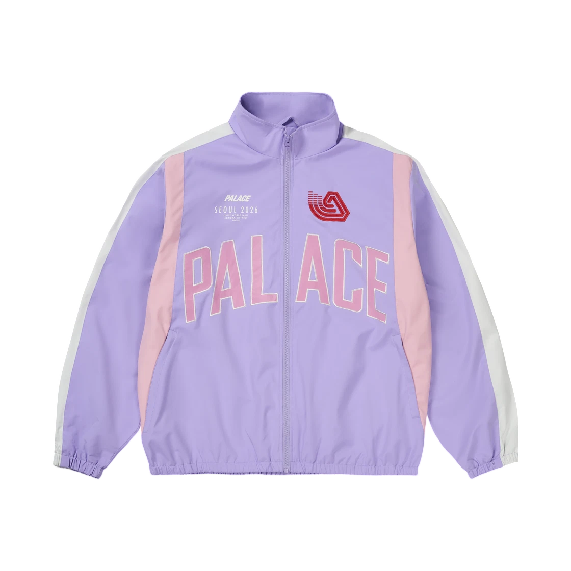 Palace Seoul 3 Jacket in light purple with bold lettering, featuring white and pink accents, stylish skatewear.