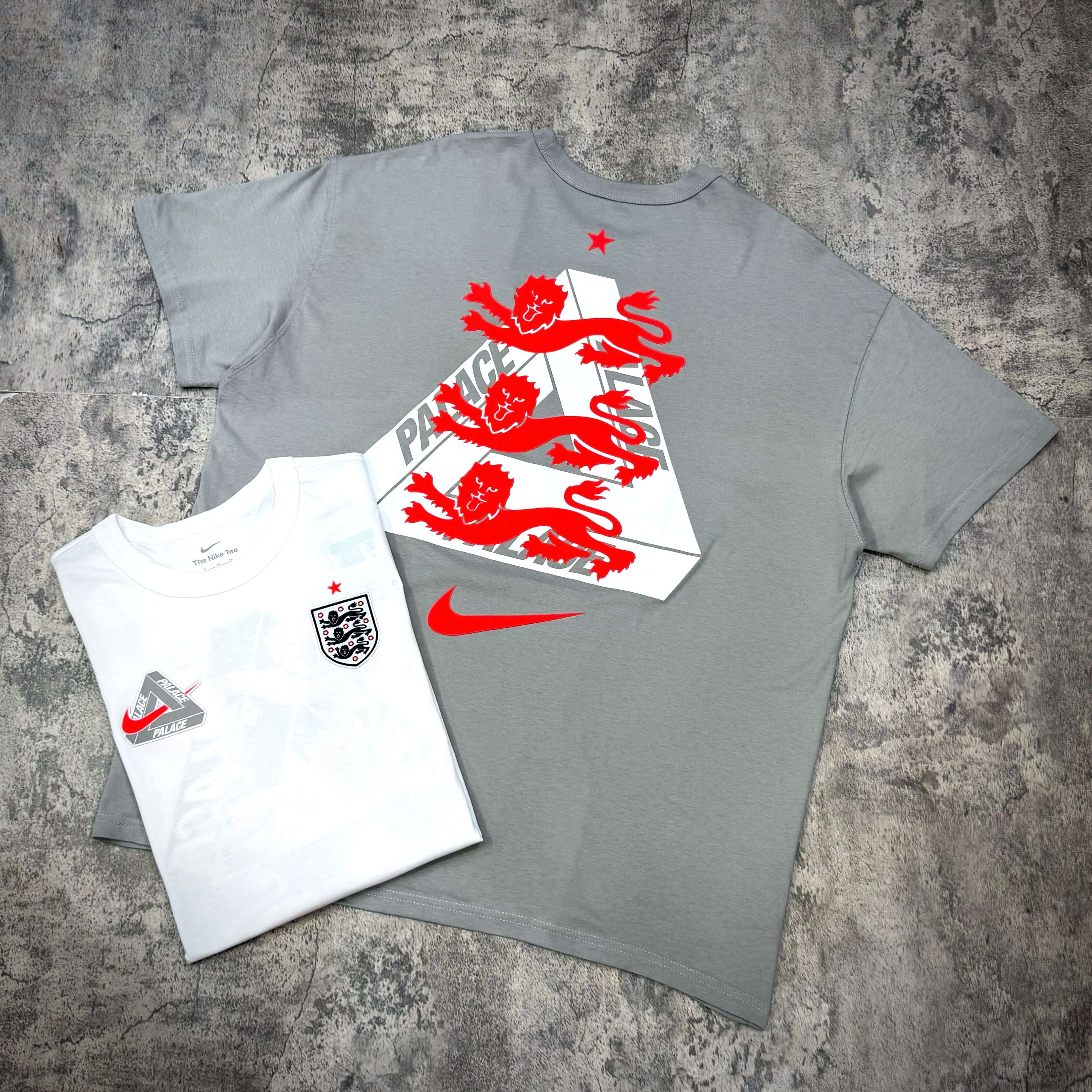 Palace x Nike England Tee in gray and white, featuring lion graphic and logo design on the back and front.