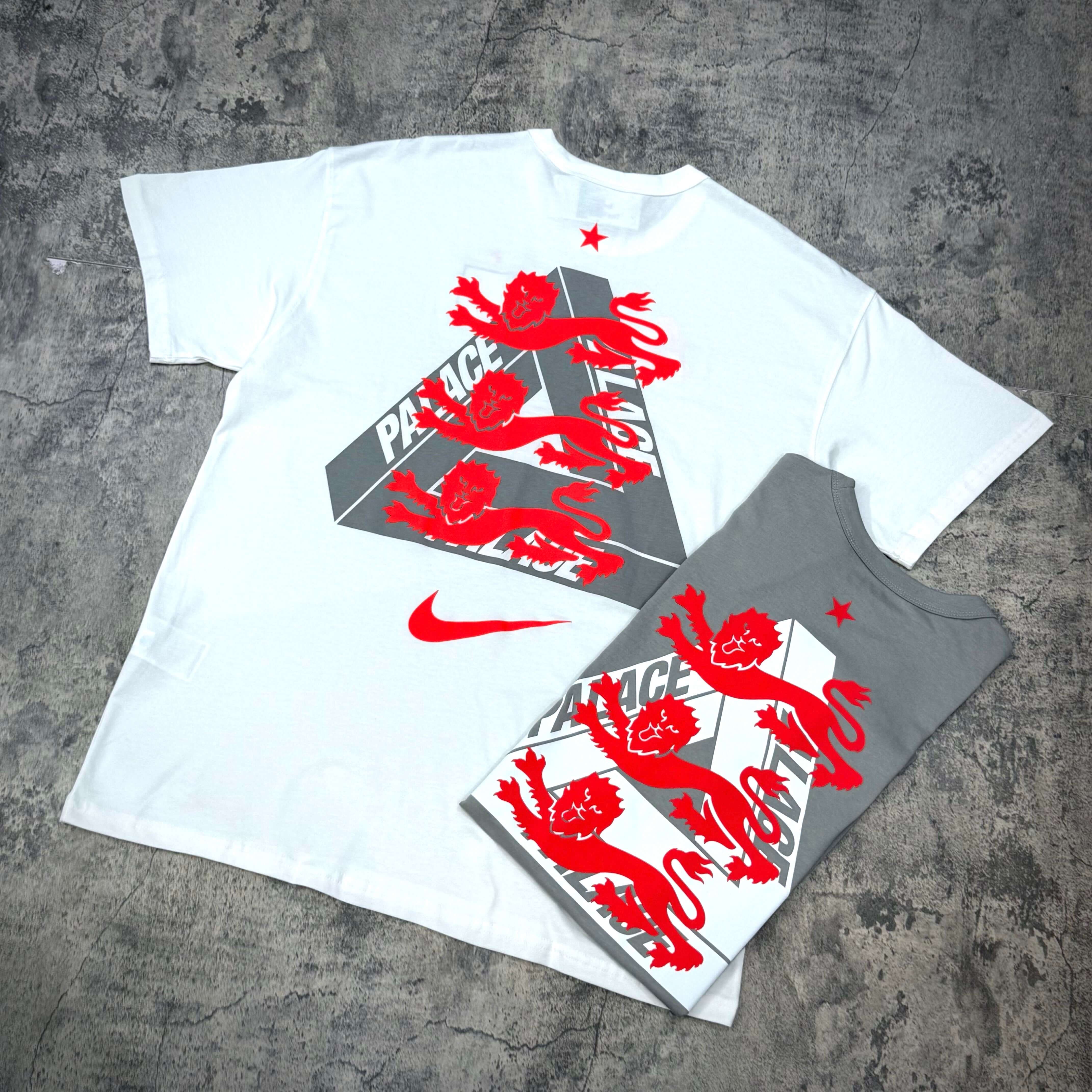 Palace x Nike England Tee featuring white and grey colorways with lion graphics and Palace branding.