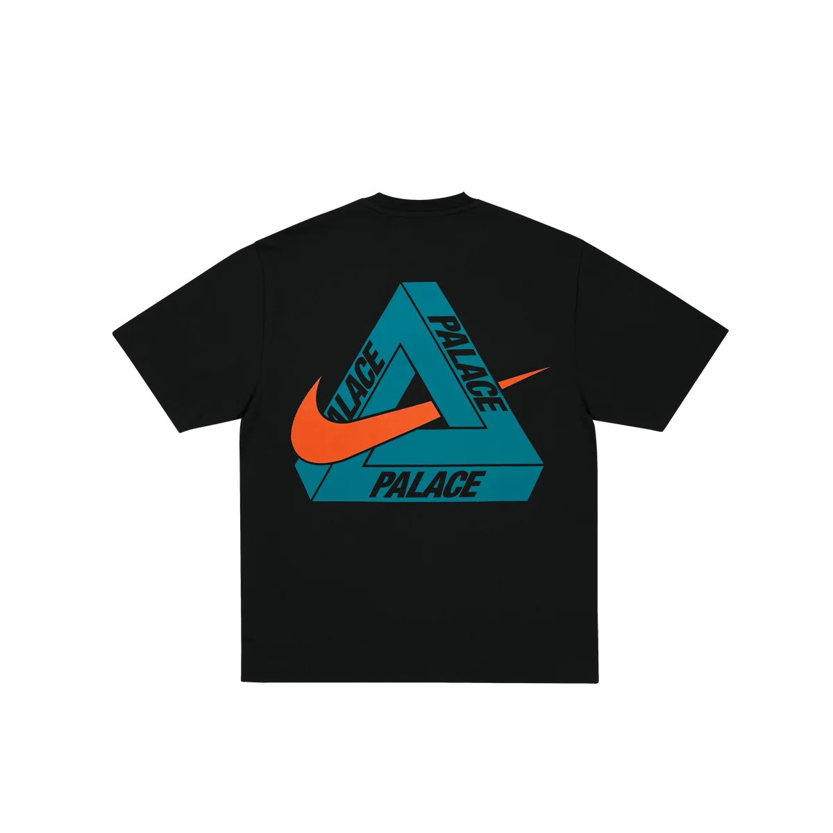 Palace x Nike Tri-Swoosh Tee featuring a black shirt with a geometric logo design on the back.