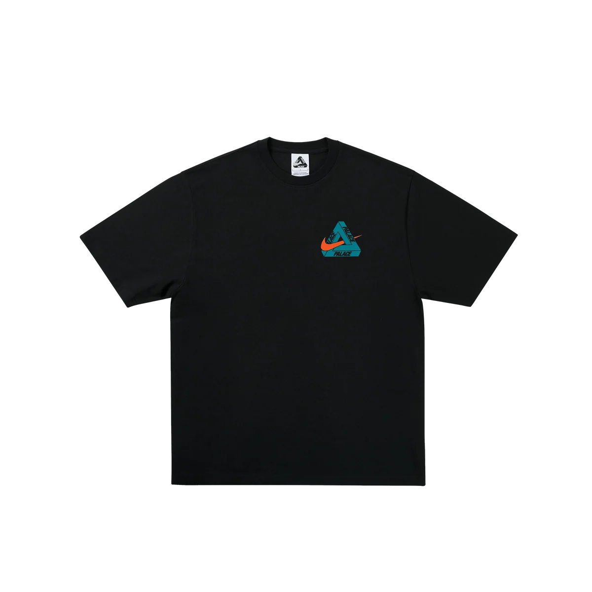 Palace x Nike Tri-Swoosh Tee in black featuring the iconic Tri-Swoosh logo on the chest, perfect for skate culture enthusiasts.