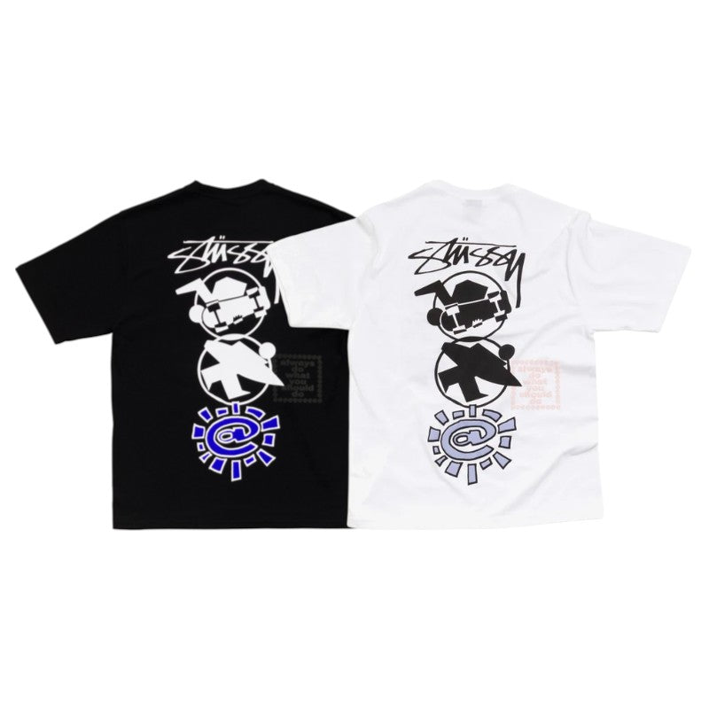 Stussy x Always Do What You Should Do Stack Tee available in black and white, featuring unique graphic designs.