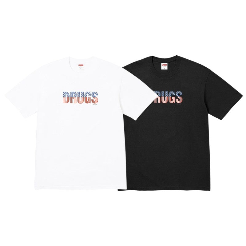 Supreme Drugs Tee in black and white colors featuring a bold "DRUGS" print on the front.