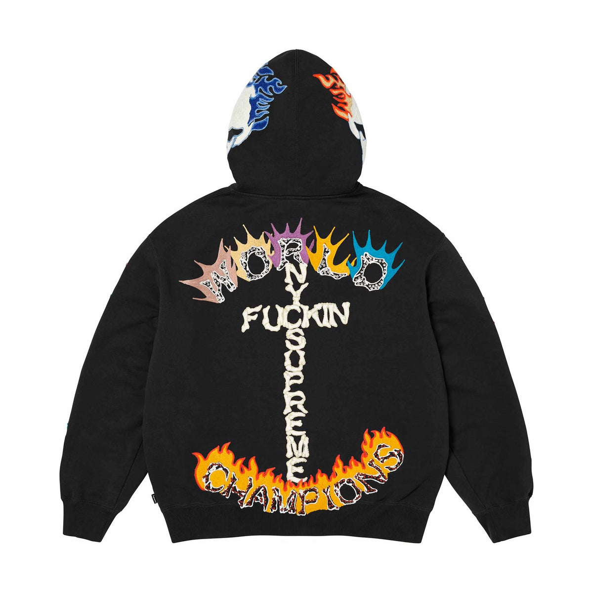 Supreme Fuck You Zip Up Hooded Sweatshirt featuring vibrant back design with text and flames.