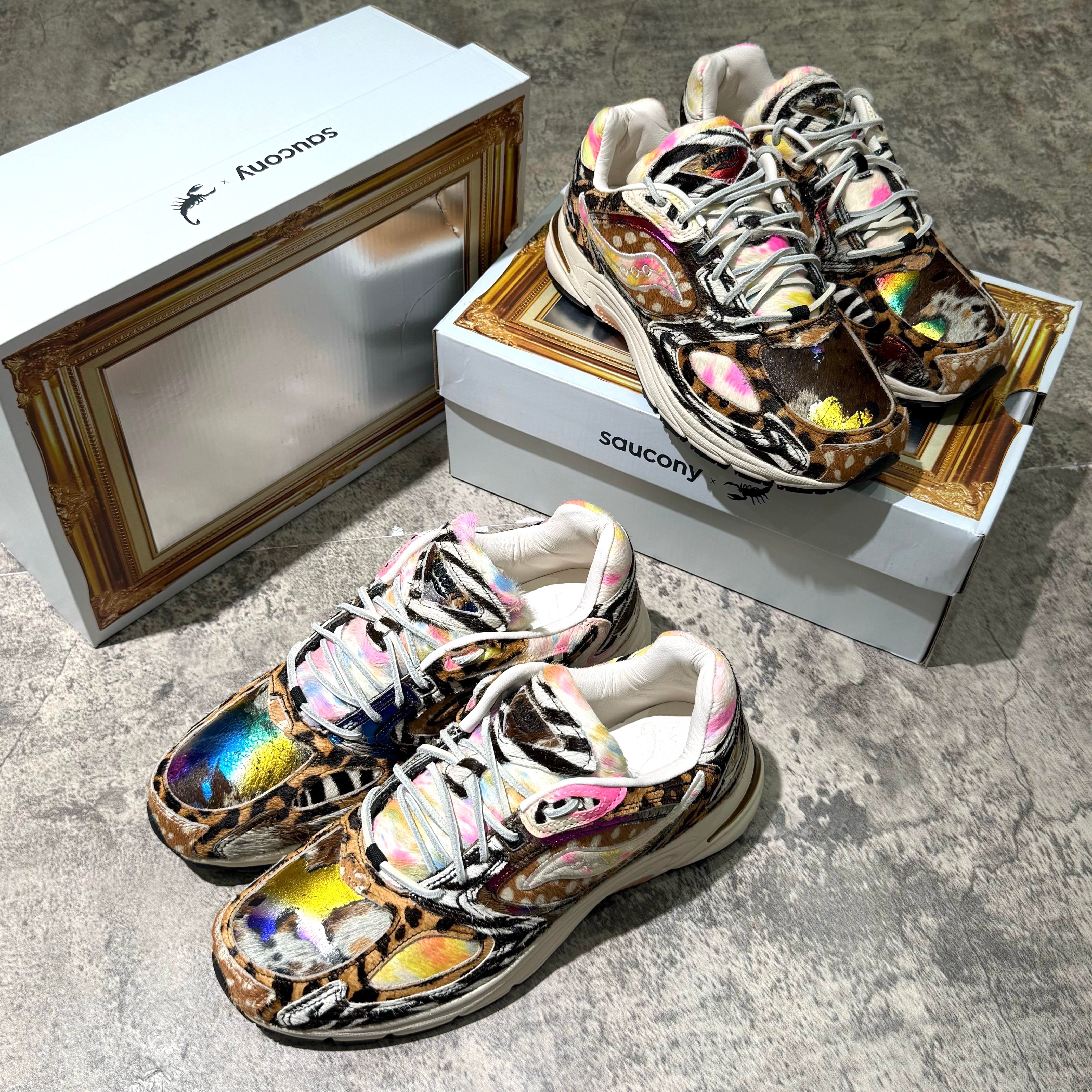 Saucony x Westside Gunn Grid Jazz 9 Awesome God shoes displayed with stylish box on a textured surface. wear43way