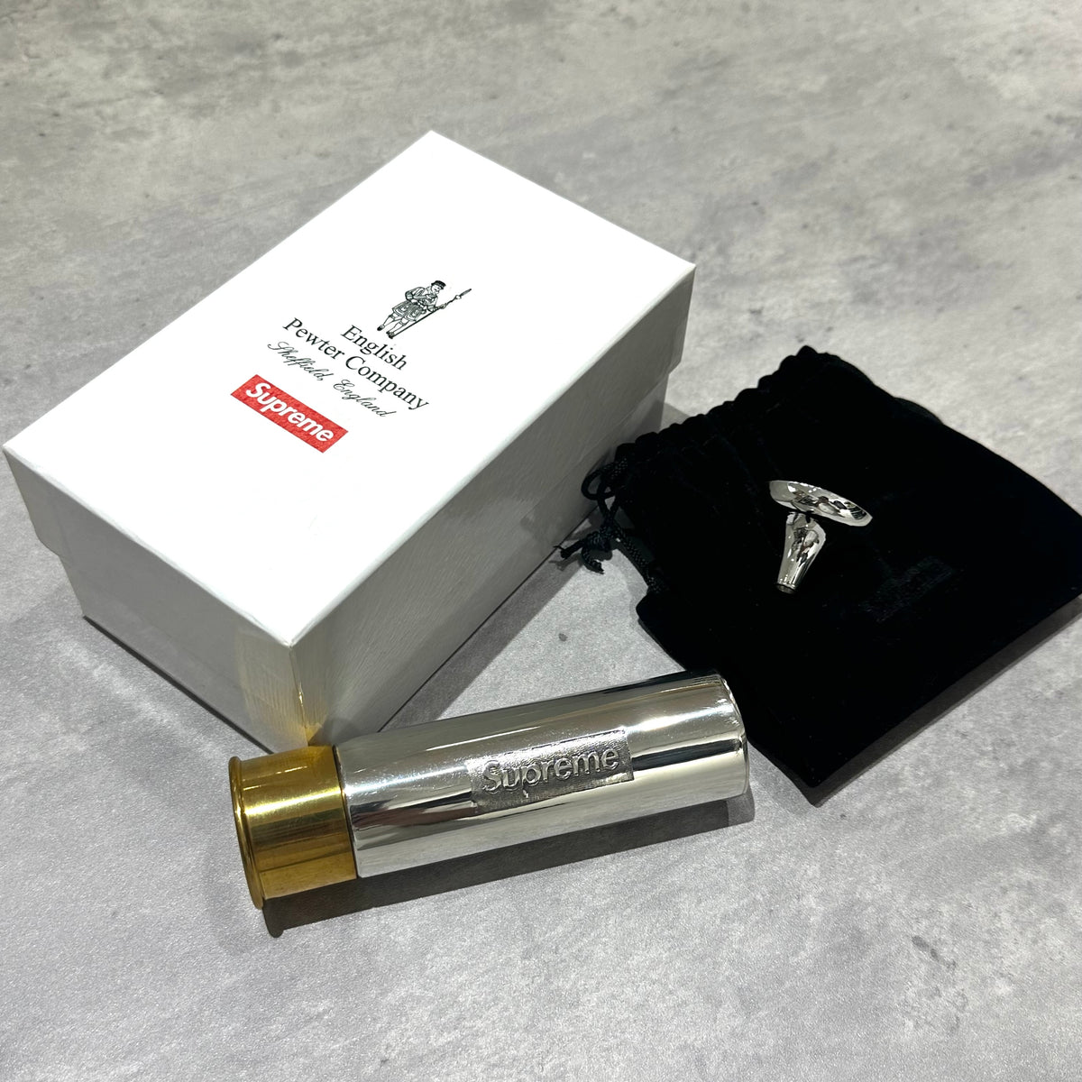 Supreme English Pewter Company Bullet Flask in gift box with pouch and engraving.