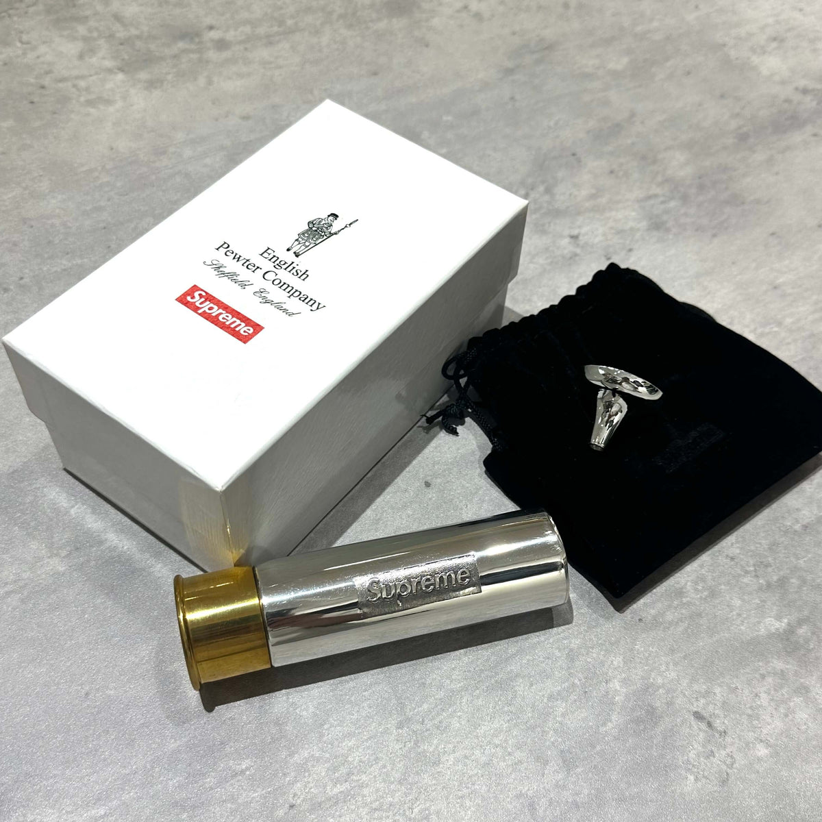 Supreme English Pewter Company Bullet Flask in gift box with pouch and engraving.
