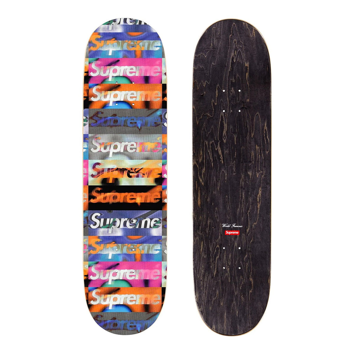Supreme Distorted Logo Skateboard Deck showcasing colorful optical distortion design on one side and a sleek black finish on the other.