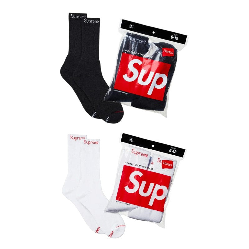 Supreme Hanes Crew Socks (4 Pack) featuring black and white socks with logo packaging.