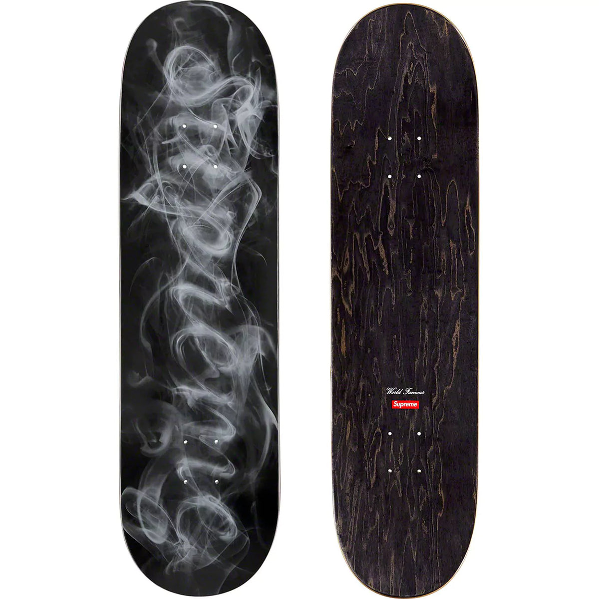 Supreme Smoke Skateboard Deck featuring a smoke design on a black background, front and back views.