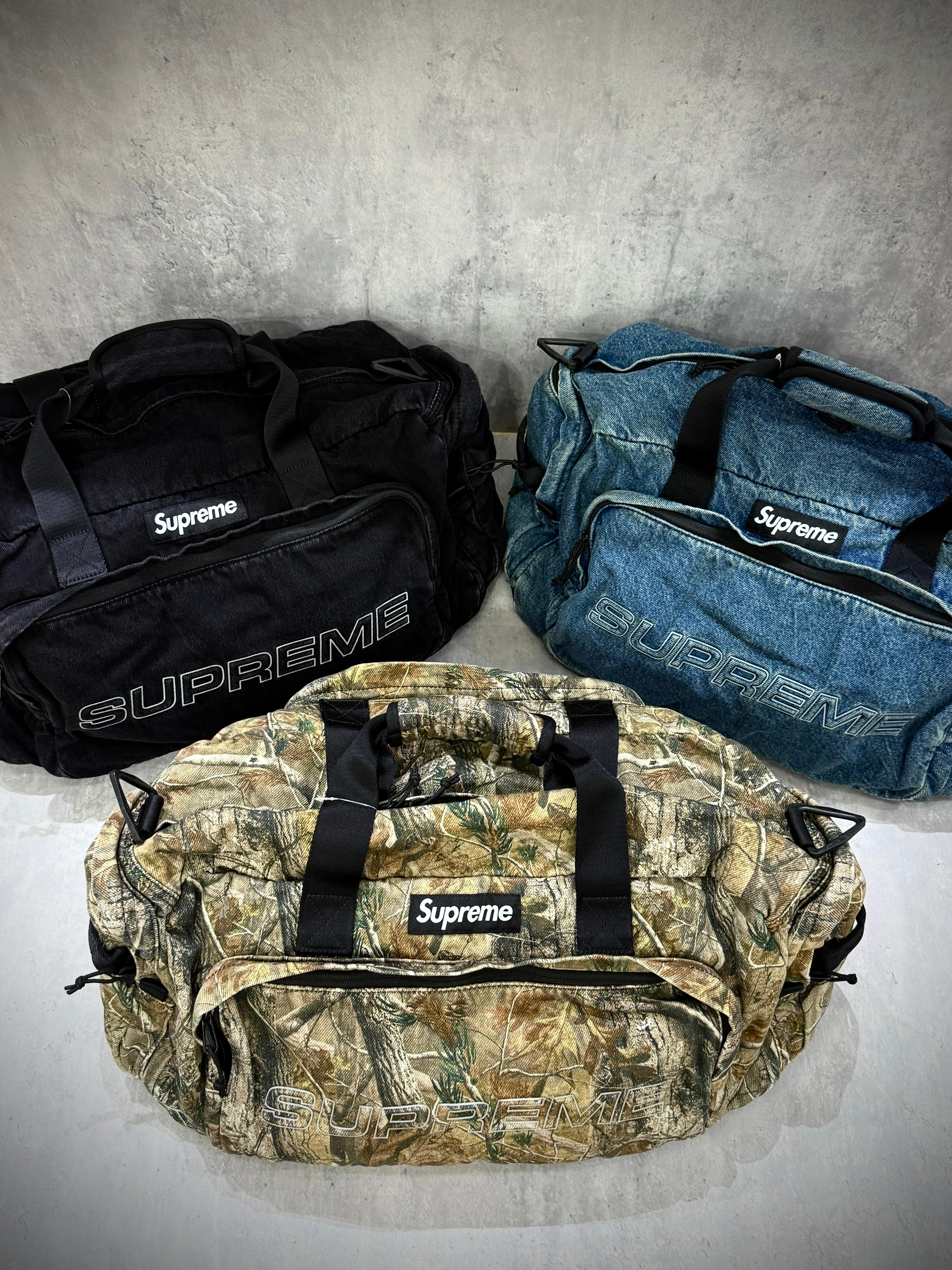 Supreme Denim Duffle Bag FW25 indigo black camo
