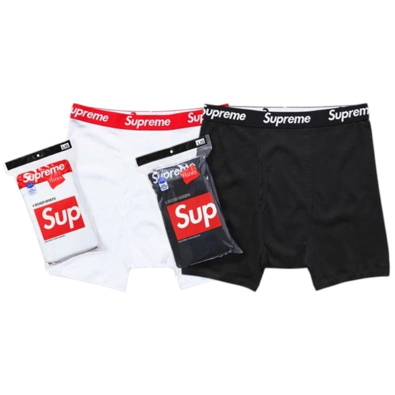 Supreme Hanes Boxer Briefs (4 Pack) featuring black and white boxer briefs in packaging.