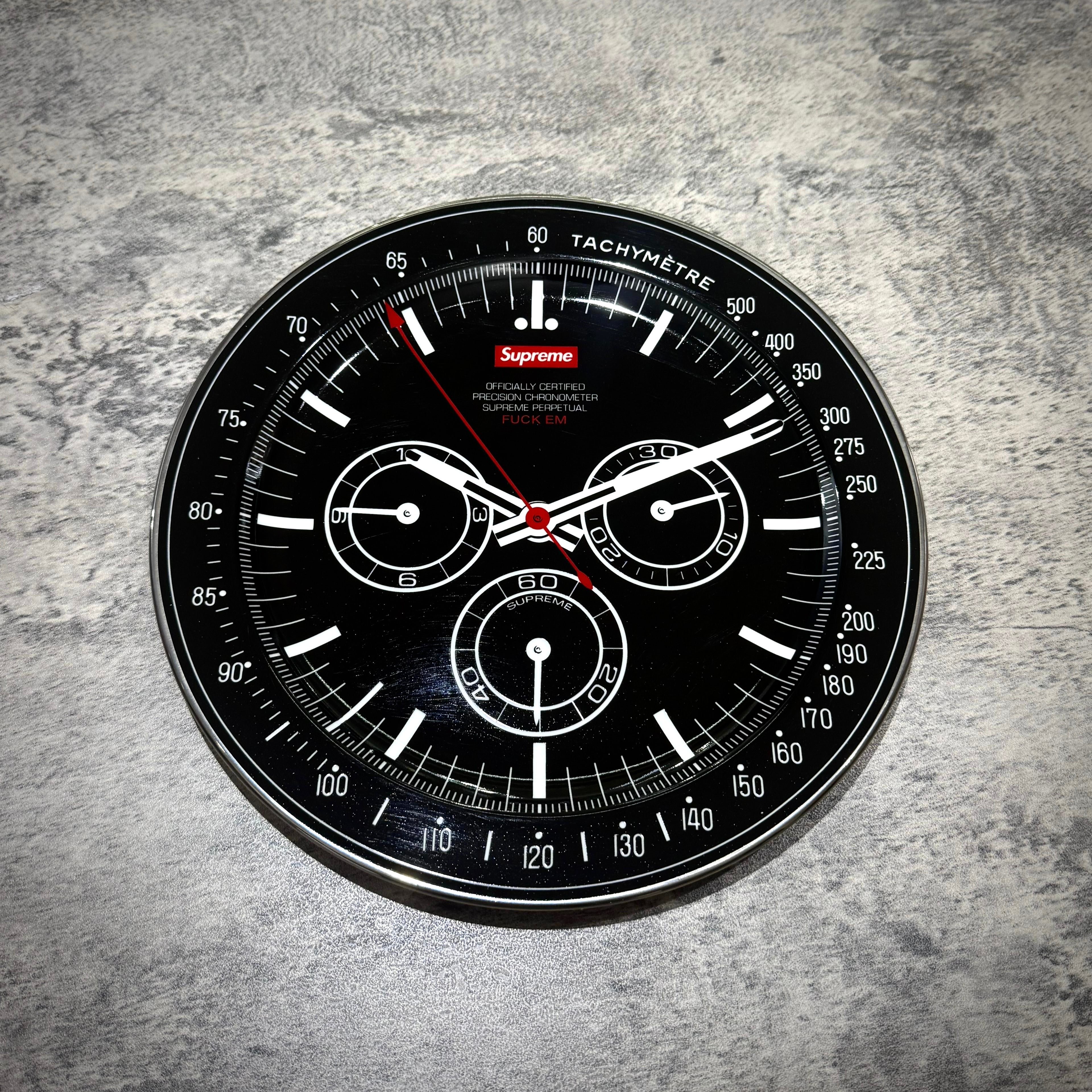 Supreme Watch Plate - Black featuring a black tachymeter style face and white accents, ideal for modern decor.