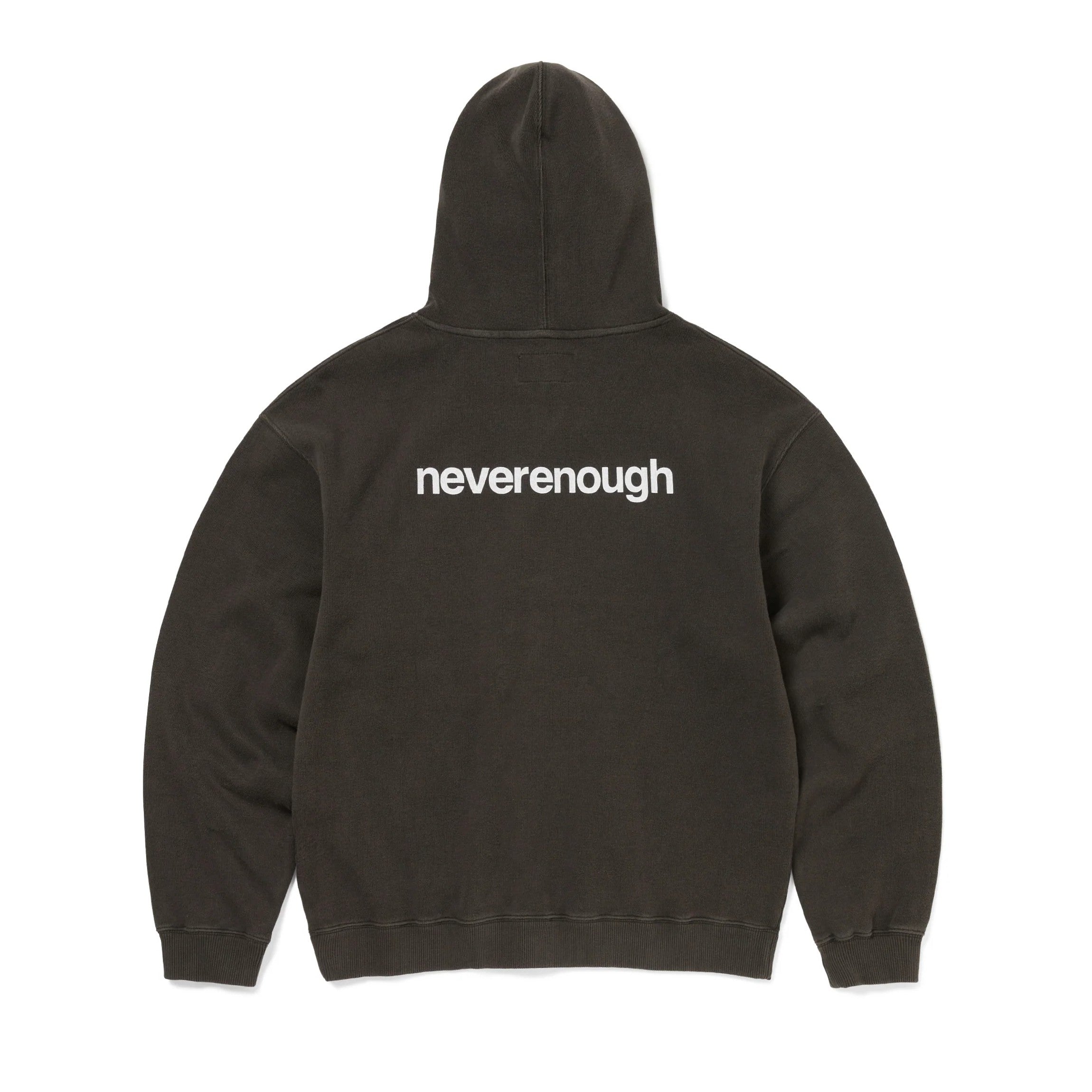 thisisneverthat x Fragment Design Hoodie- Off Black, featuring neverenough text on back, stylish and modern hoodie.
