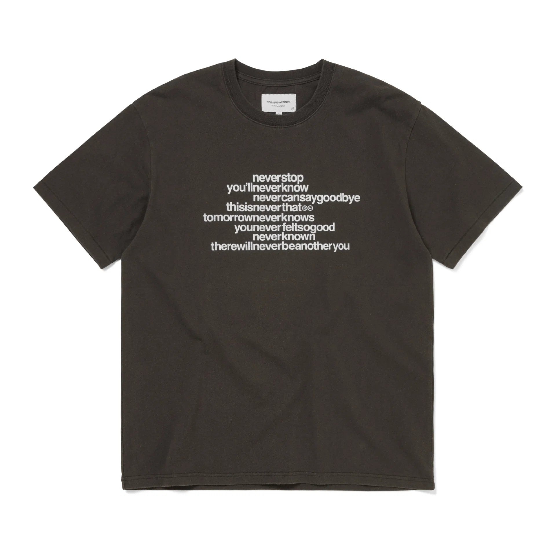 thisisneverthat x Fragment Design Tee - Off Black featuring bold text design on a dark background.