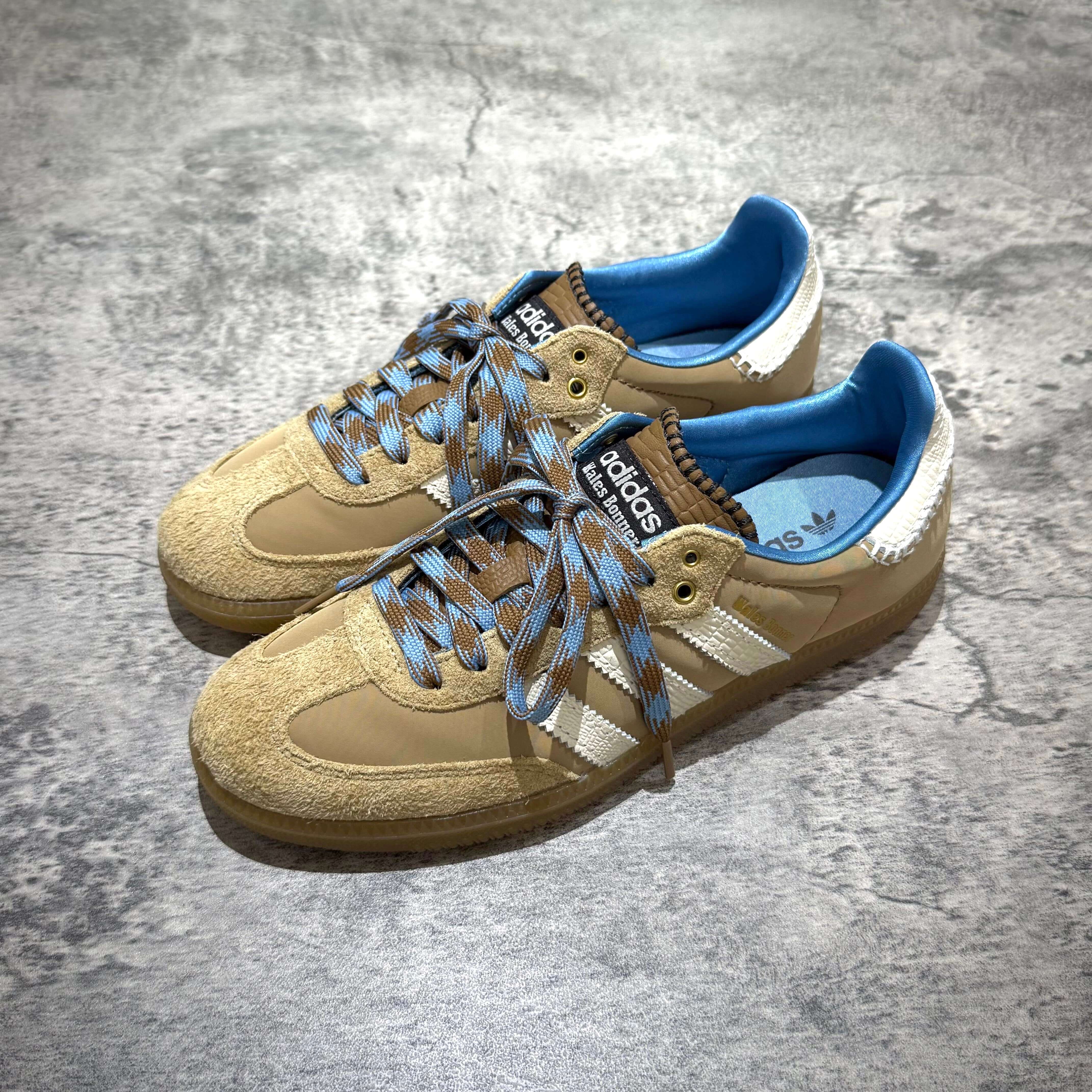 Wales Bonner x Adidas Originals Samba Nylon - Desert White sneakers with brown and blue colorway.