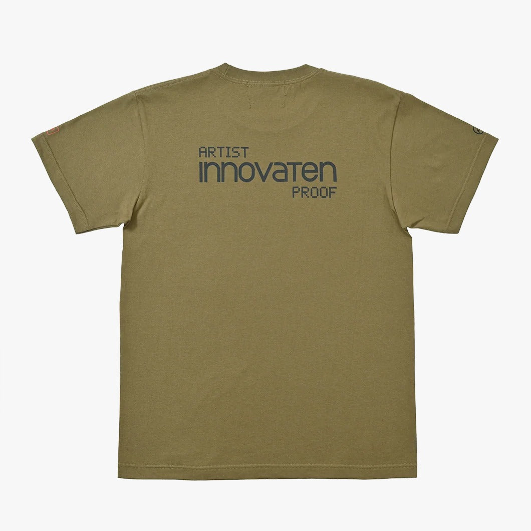 Back view of the Artist Proof x Fragment x nonnative Innovaten Tee in olive green with bold text design.
