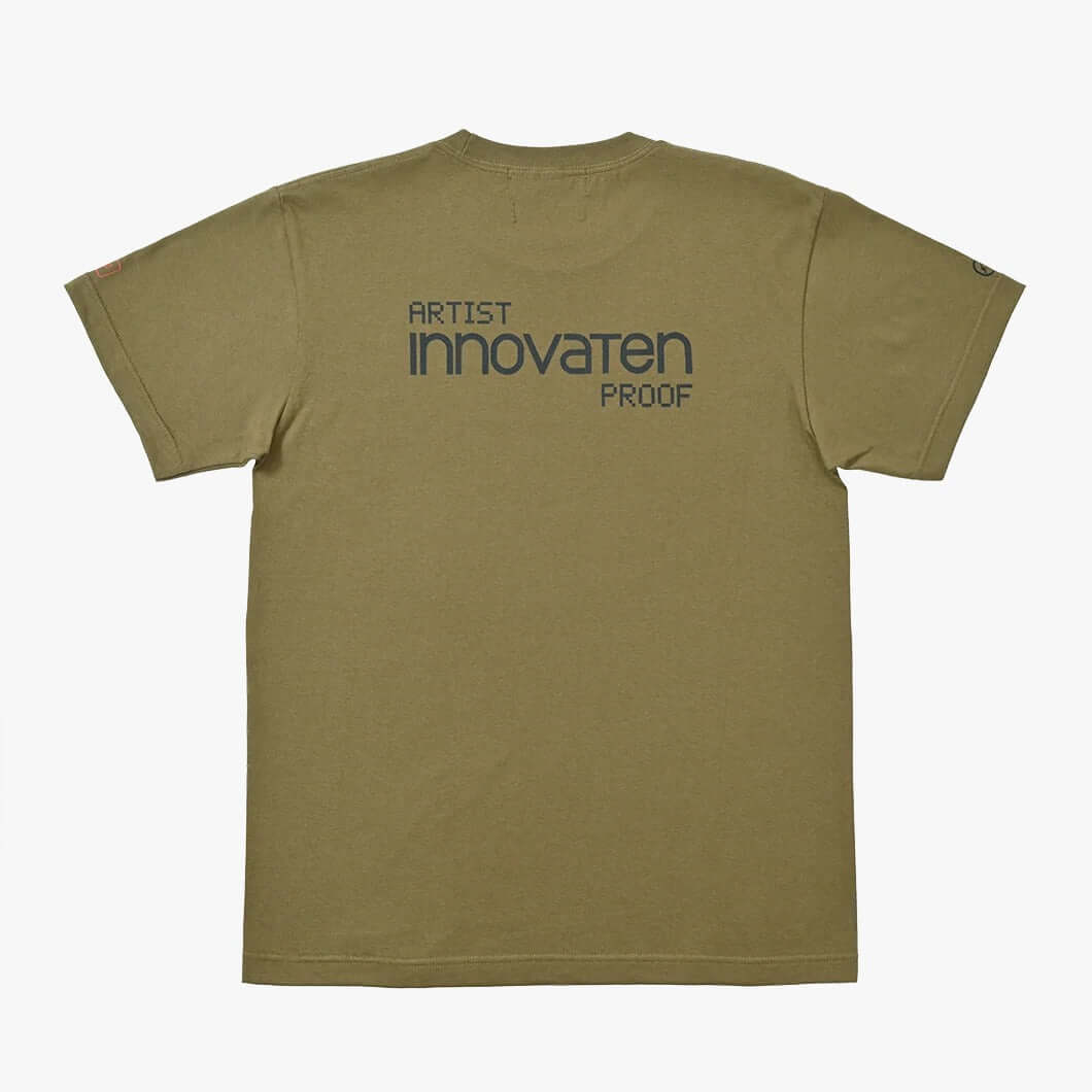 Back view of the Artist Proof x Fragment x nonnative Innovaten Tee in olive green with bold text design.
