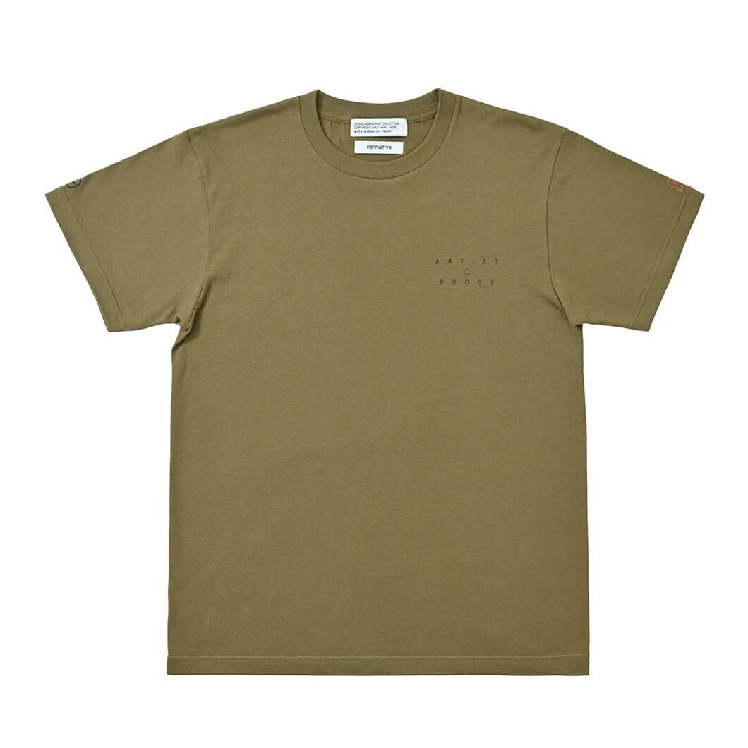 Artist Proof x Fragment x nonnative Innovaten Tee in olive green, showcasing a minimalist design and relaxed fit.