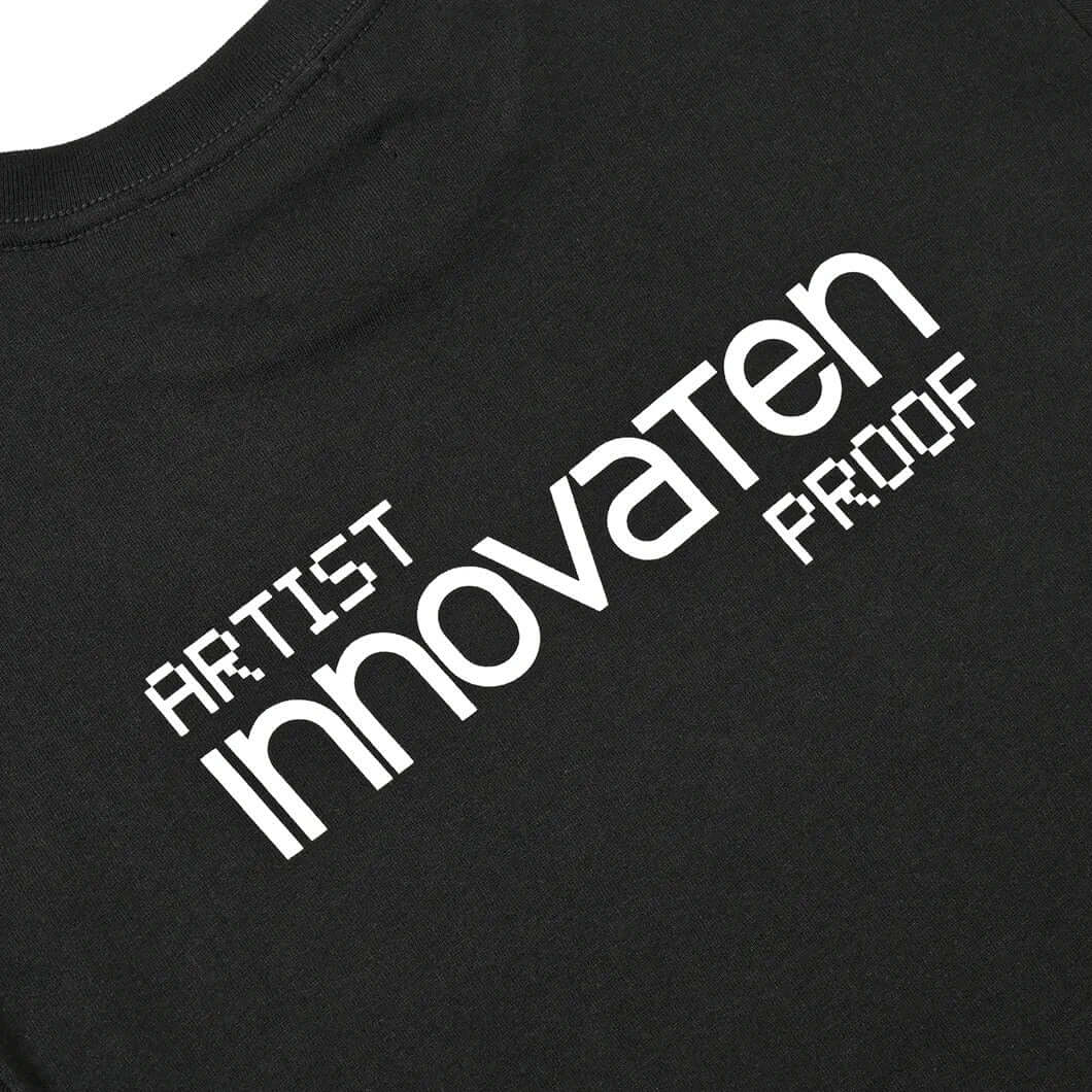 Artist Proof x Fragment x nonnative Innovaten Tee back design showcasing bold text on a black fabric.