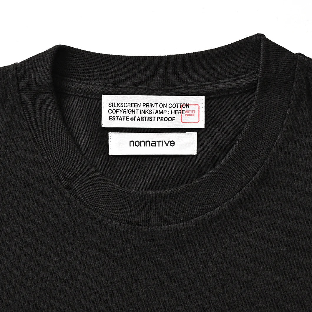 Close-up of the collar and tags on the Artist Proof x Fragment x nonnative Innovaten Tee, showcasing brand labels.
