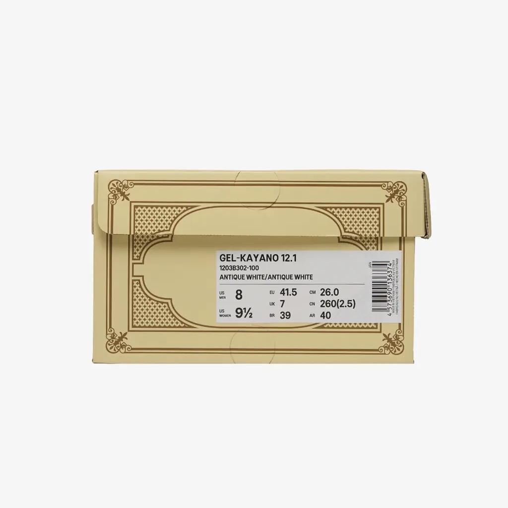 Vandy The Pink x Asics Gel-Kayano 12.1 Antique White shoe box with SKU information and size details.