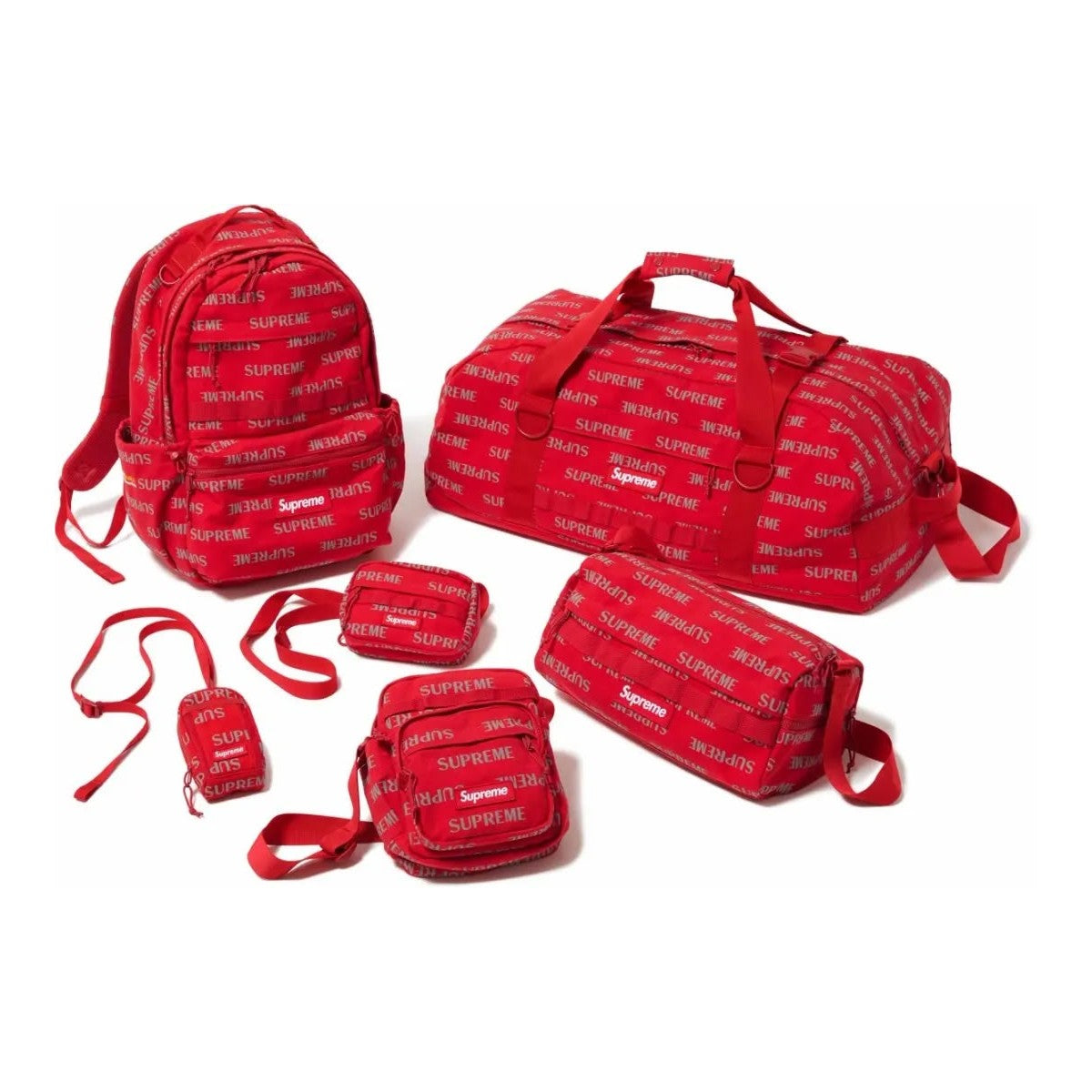 Supreme Bag FW26 collection featuring red bags and backpacks with iconic Supreme branding.