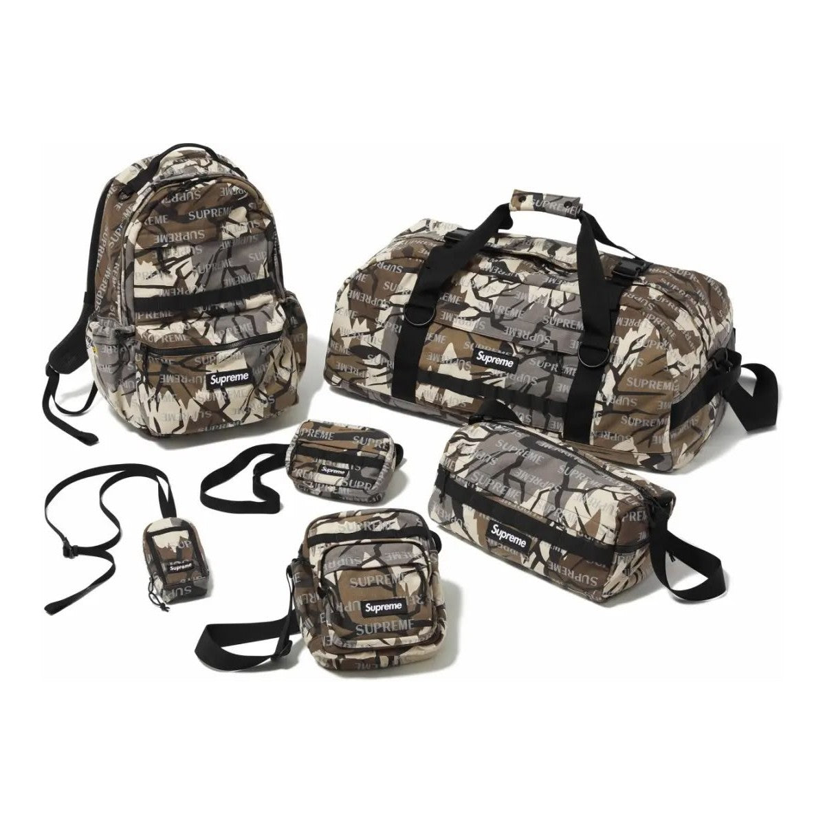 Supreme Bag FW26 collection featuring backpacks and duffel bags in a camo design.