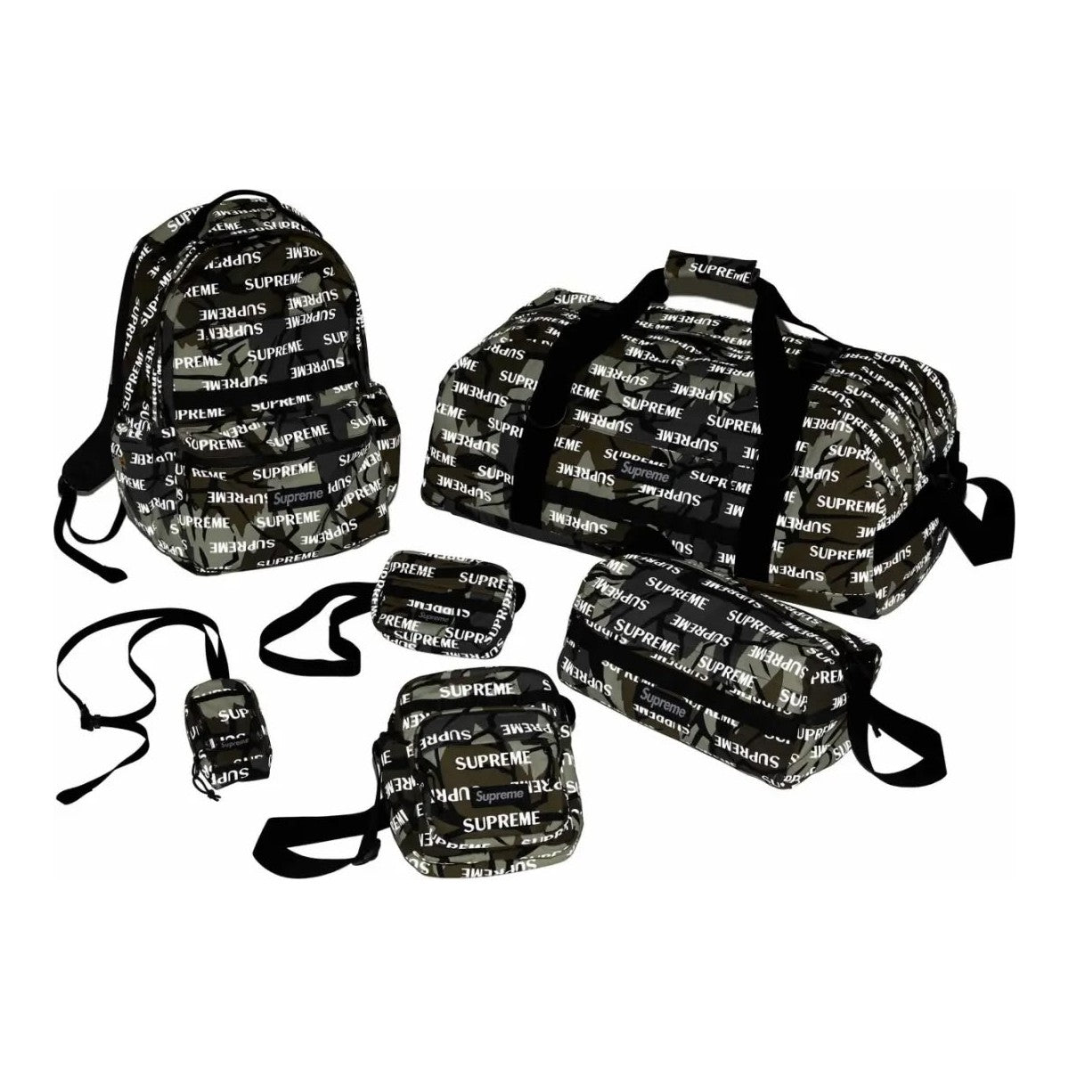 Supreme Bag FW26 collection featuring various styles including backpacks and duffle bags with Supreme logo.