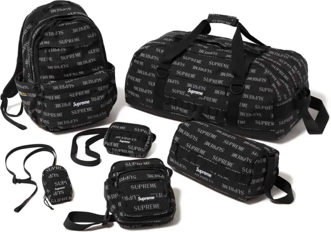 Supreme Bag FW26 collection featuring multiple black bags with Supreme branding in various sizes.
