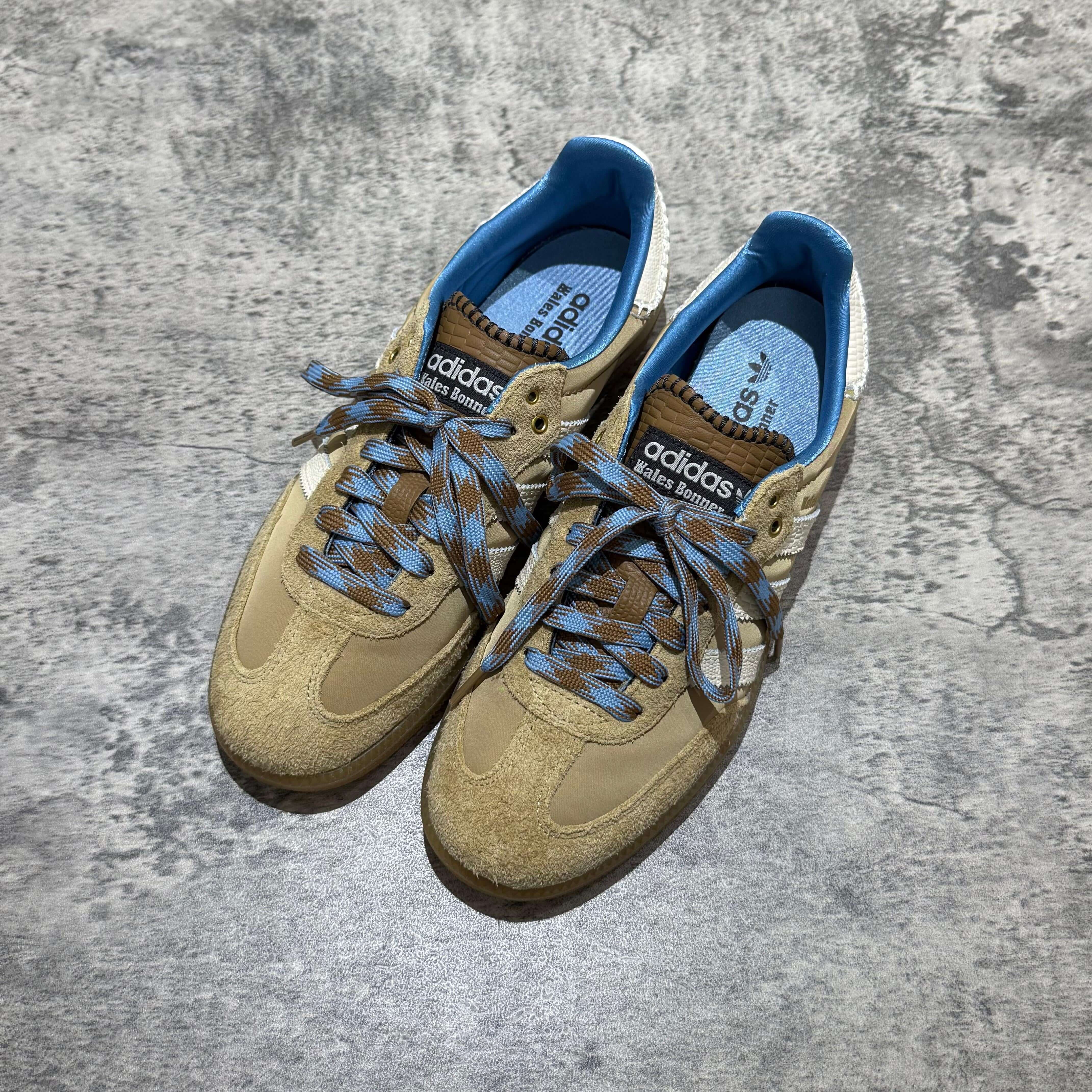 Wales Bonner x Adidas Originals Samba Nylon - Desert White sneakers, featuring a beige and blue colorway.