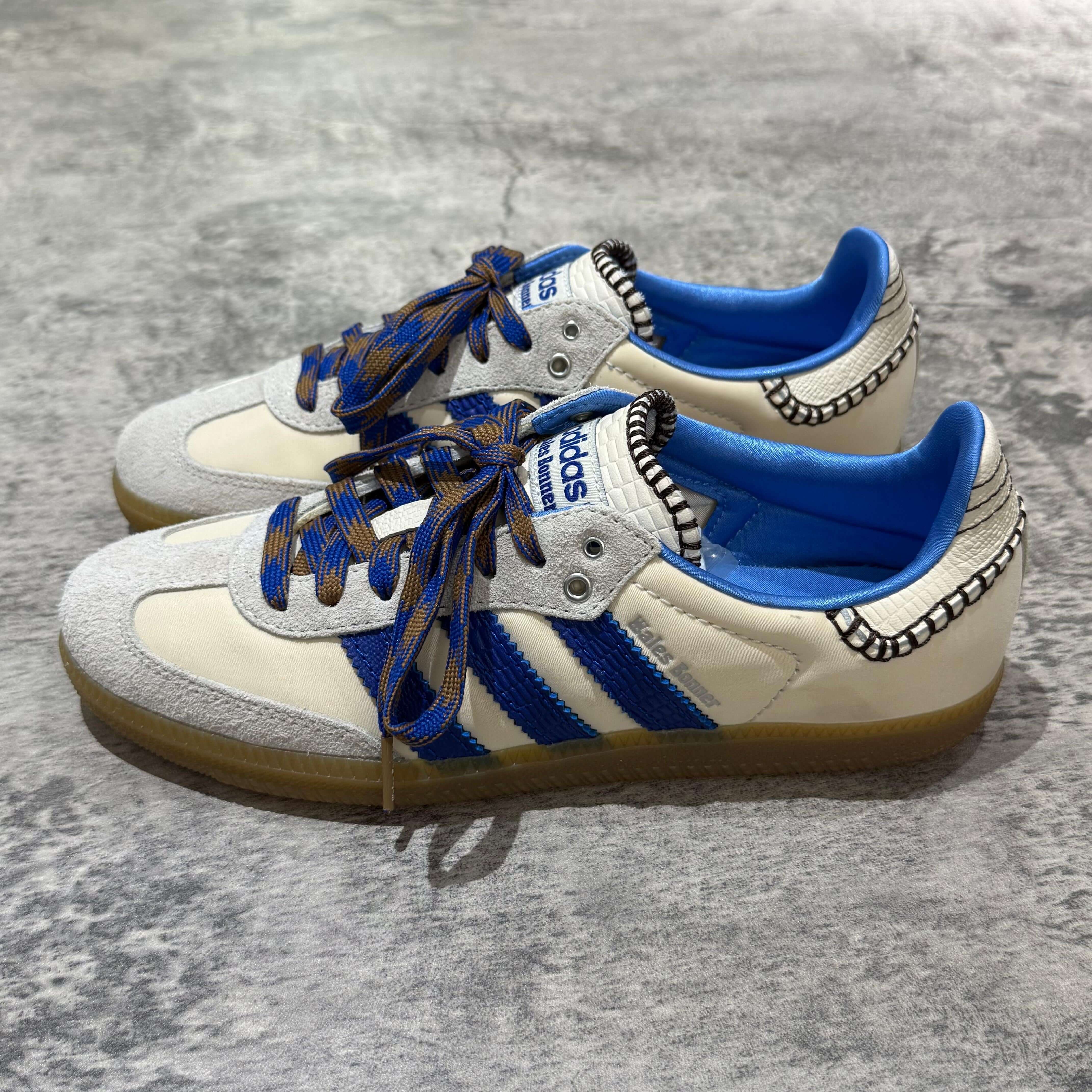Wales Bonner x Adidas Originals Samba Nylon in Wonder Clay Royal Blue with blue stripes and detailed laces.