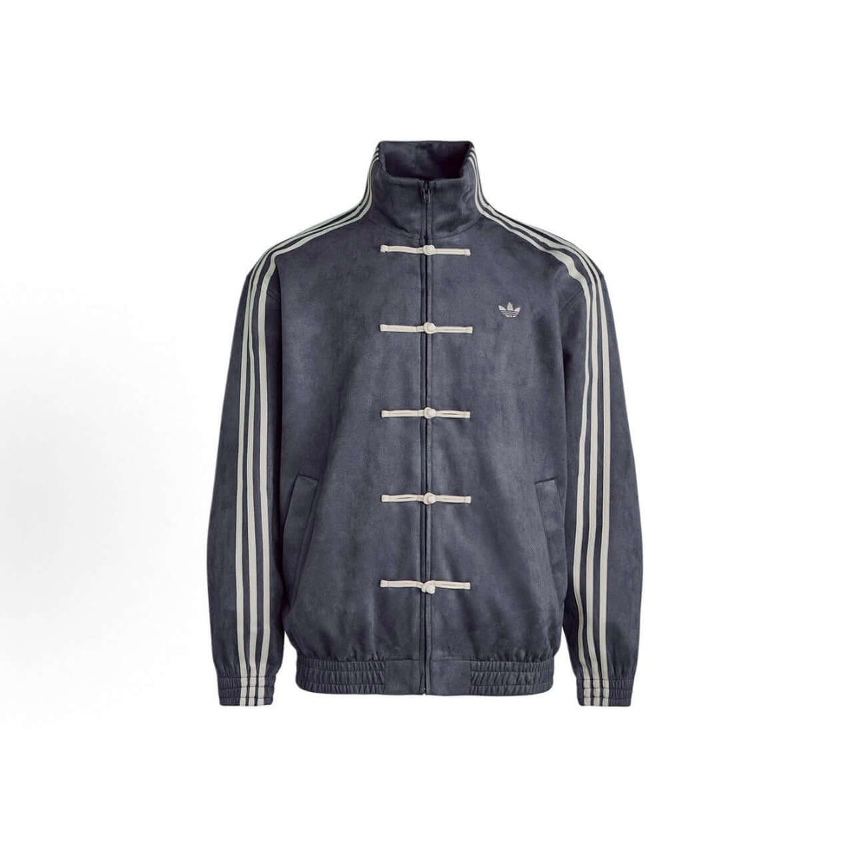 adidas CTT Chinese Track Top 3.1 Gender Neutral Jacket in Dark Grey, featuring classic three-stripe design and high collar.