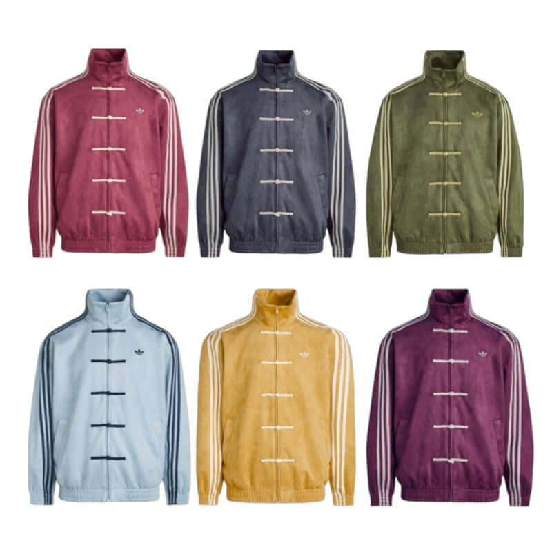 adidas CTT Chinese Track Top 3.1 Gender Neutral Jacket colors including Burgundy, Grey, Green, Blue, Yellow, and Purple.