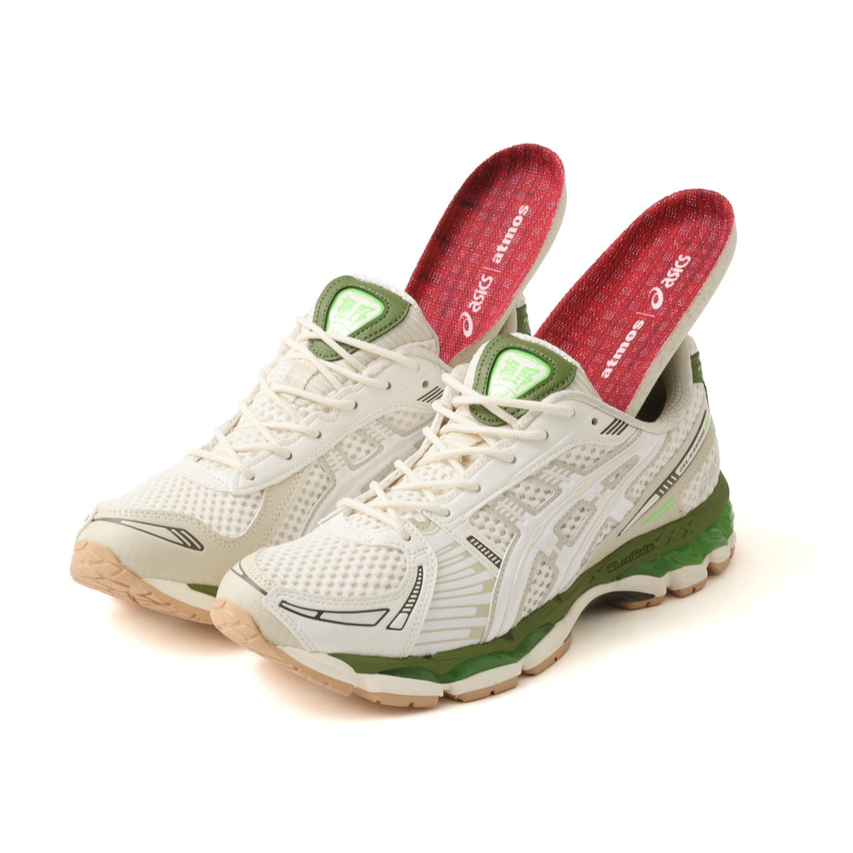 atmos x Asics Gel-Kayano 12.1 Archipelago white and green athletic shoes with red insoles