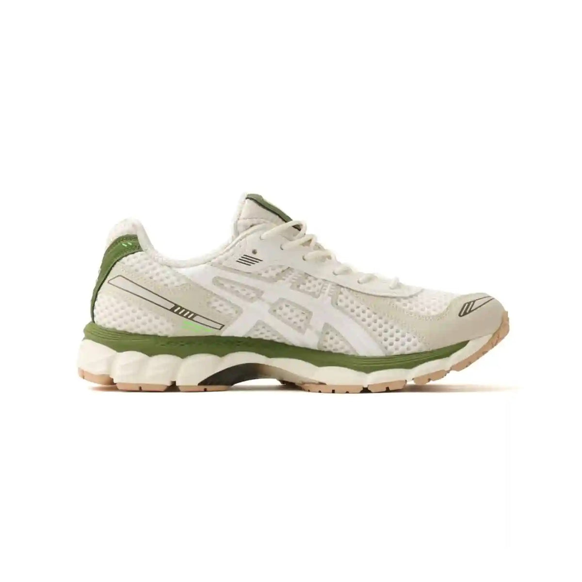 atmos x Asics Gel-Kayano 12.1 Archipelago side view of white and green running shoes