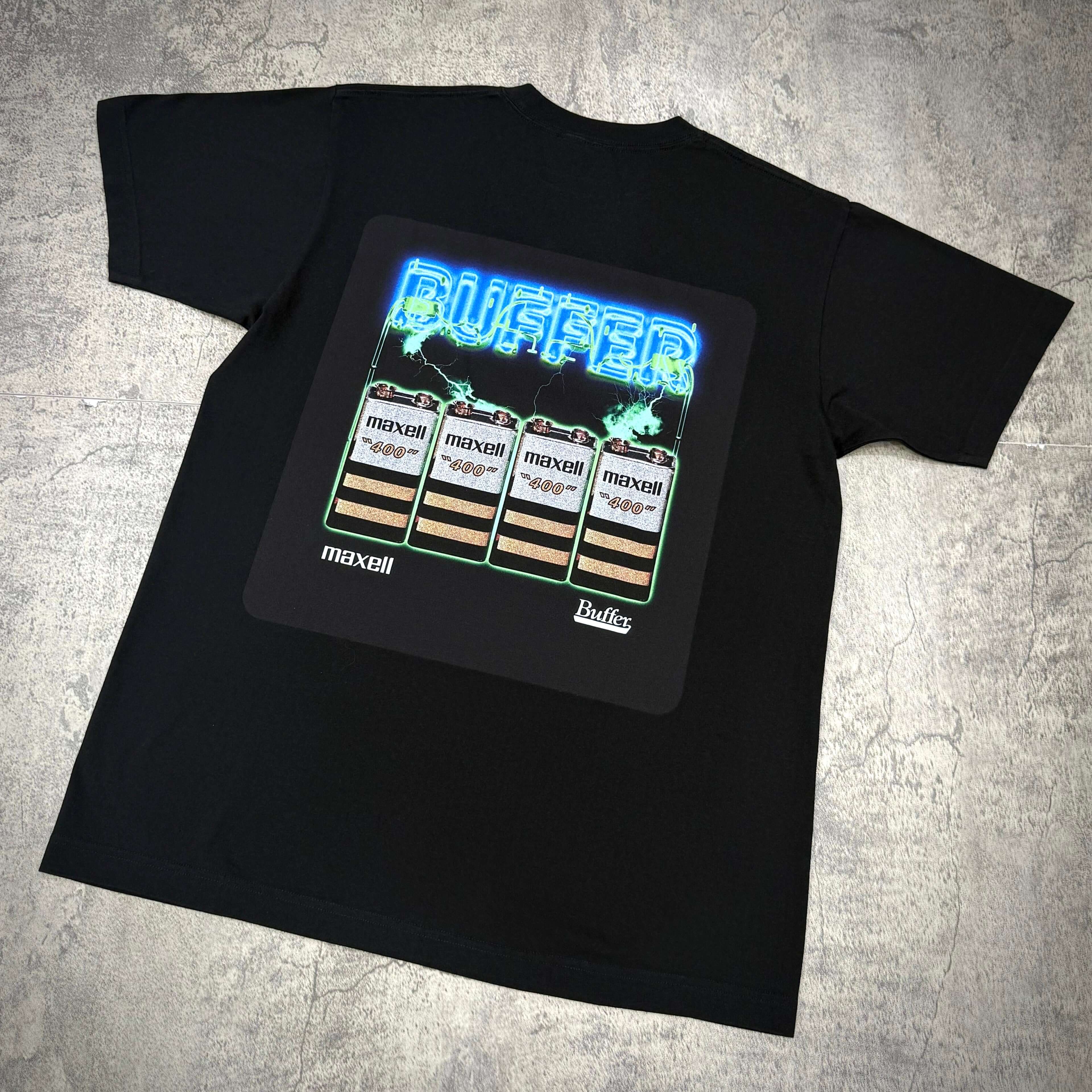 Buffer Maxell Max Lightning Tee featuring vibrant neon design on a black shirt.