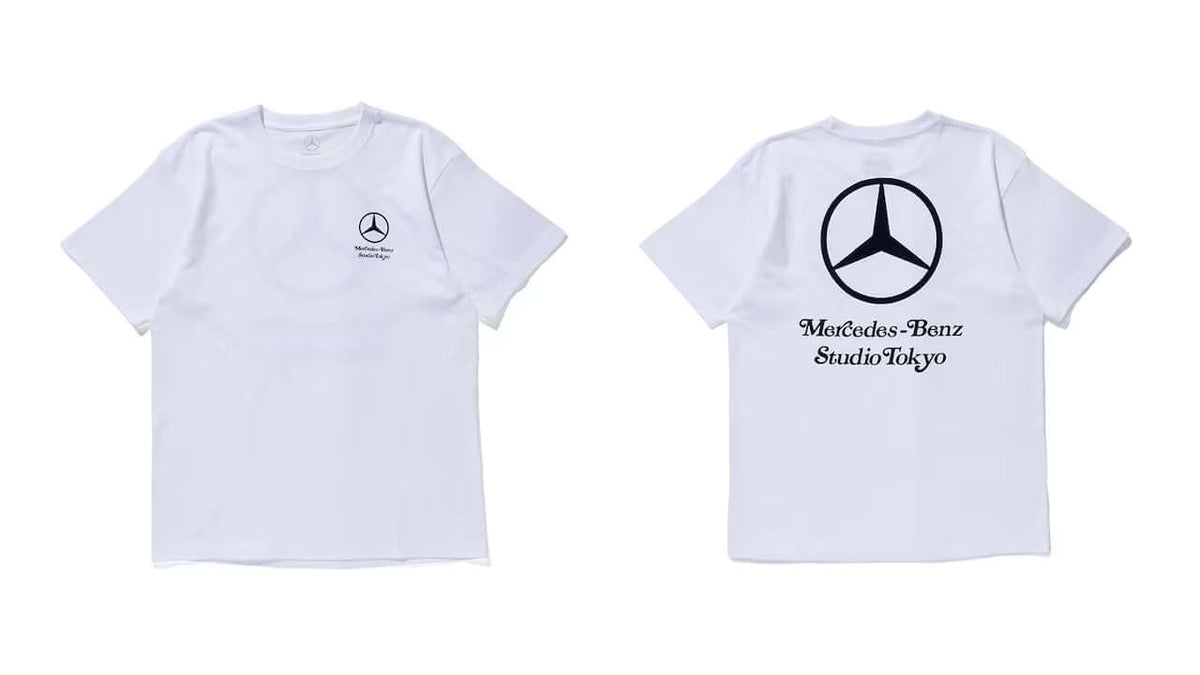 VERDY x Mercedes-Benz STUDIO TOKYO Tee featuring logo on front and back, stylish white T-shirt design.