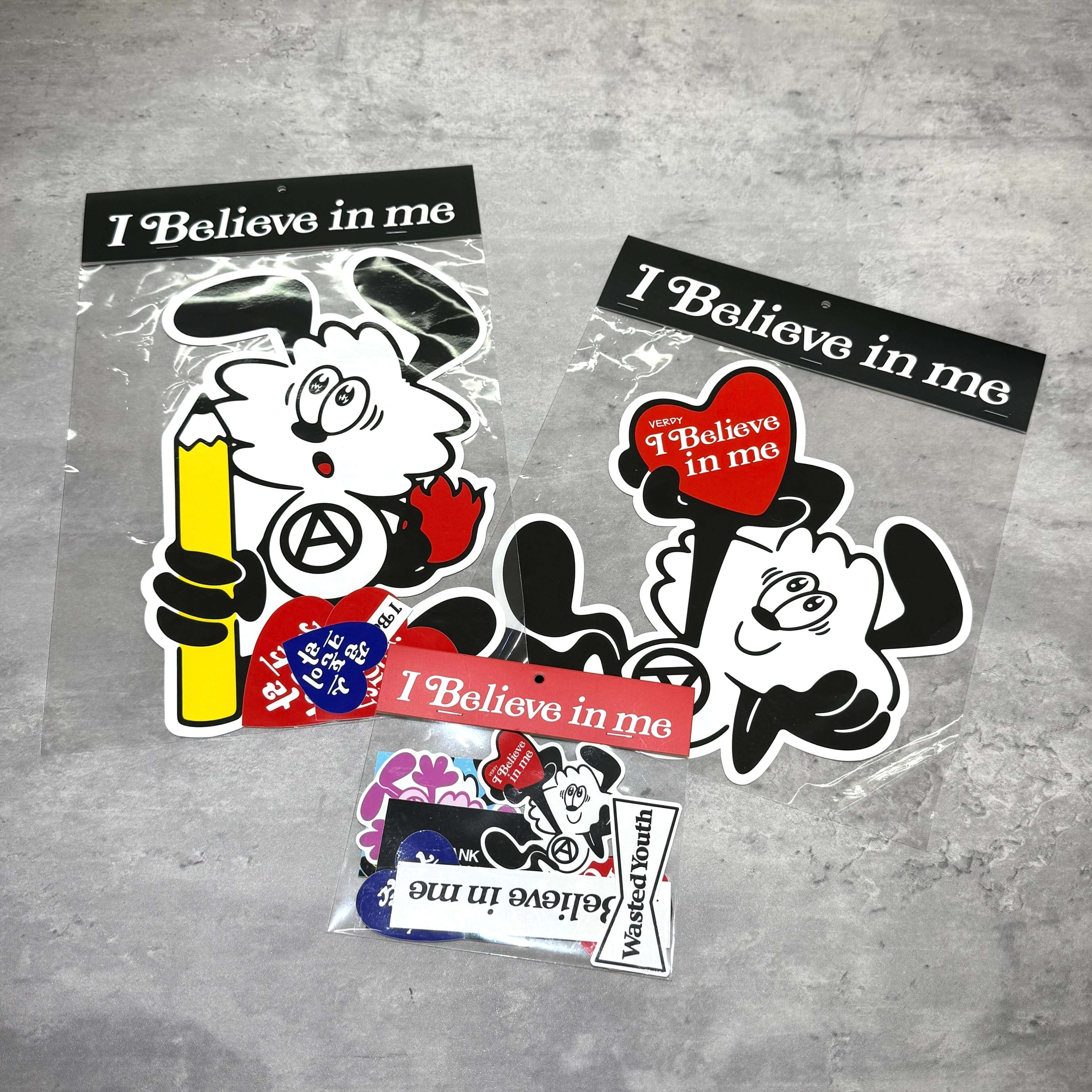 Verdy x Lottemuseum colorful stickers with "I Believe in Me" message, distinctive designs and playful characters.