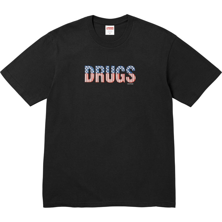 Supreme Drugs Tee featuring bold 'DRUGS' graphic with an American flag theme on a black t-shirt.