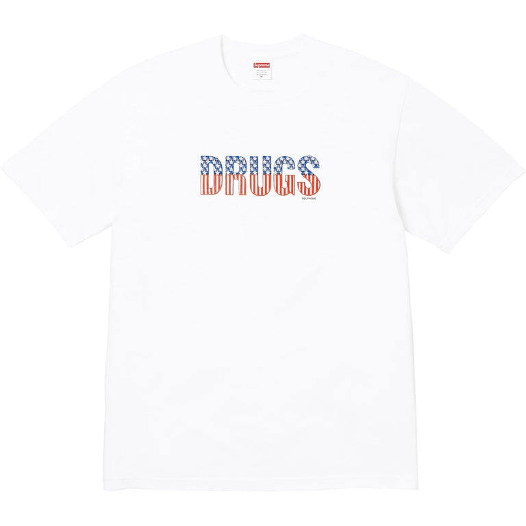 Supreme Drugs Tee featuring a white shirt with bold 'DRUGS' graphic in red and blue.