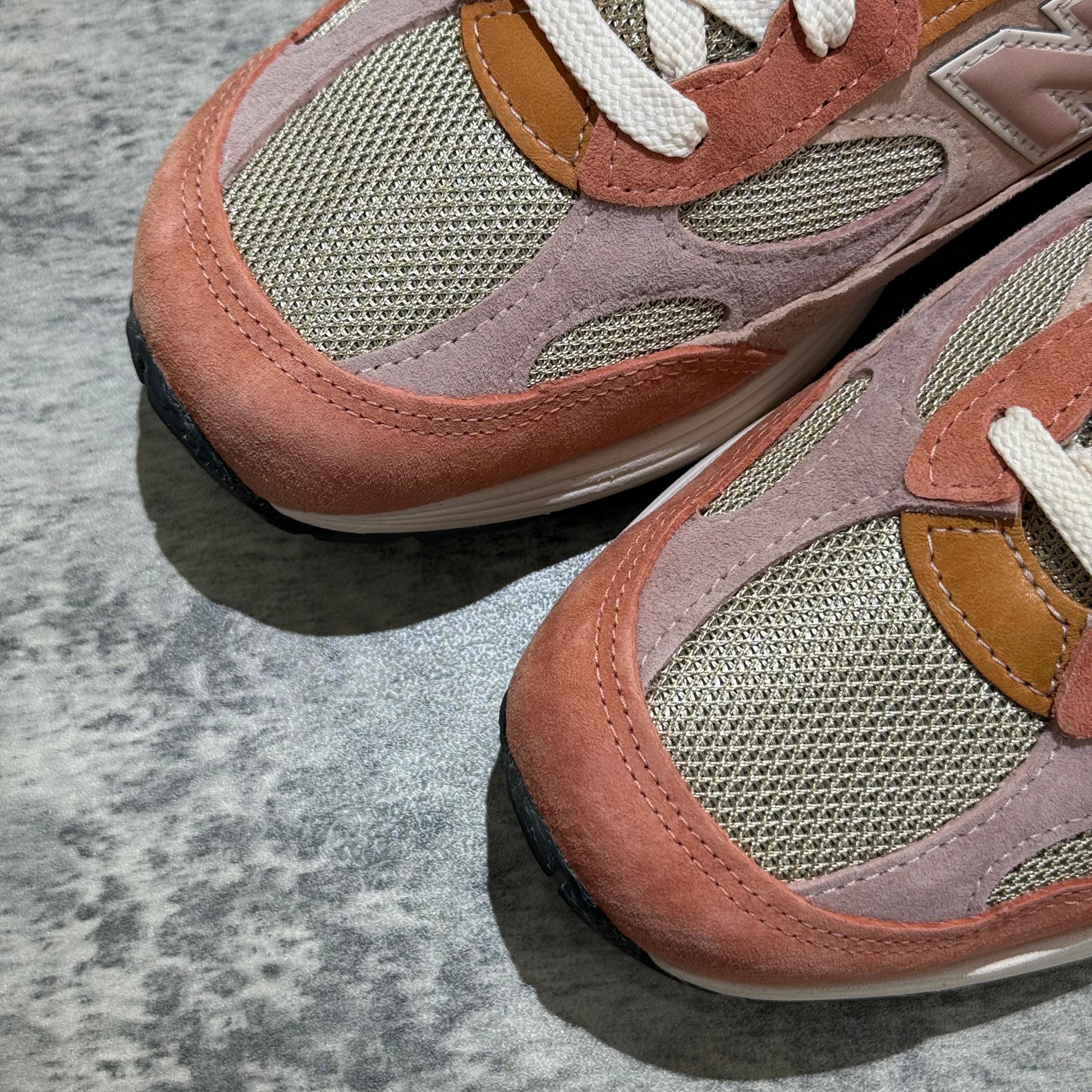 Joe Freshgoods x New Balance Made in USA 992 in pink and beige colors showcasing the sneaker's design details.