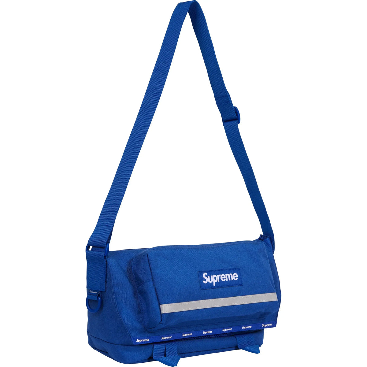Supreme Messenger Bag FW24 in blue with adjustable strap and embossed logo, showcasing a sleek design.