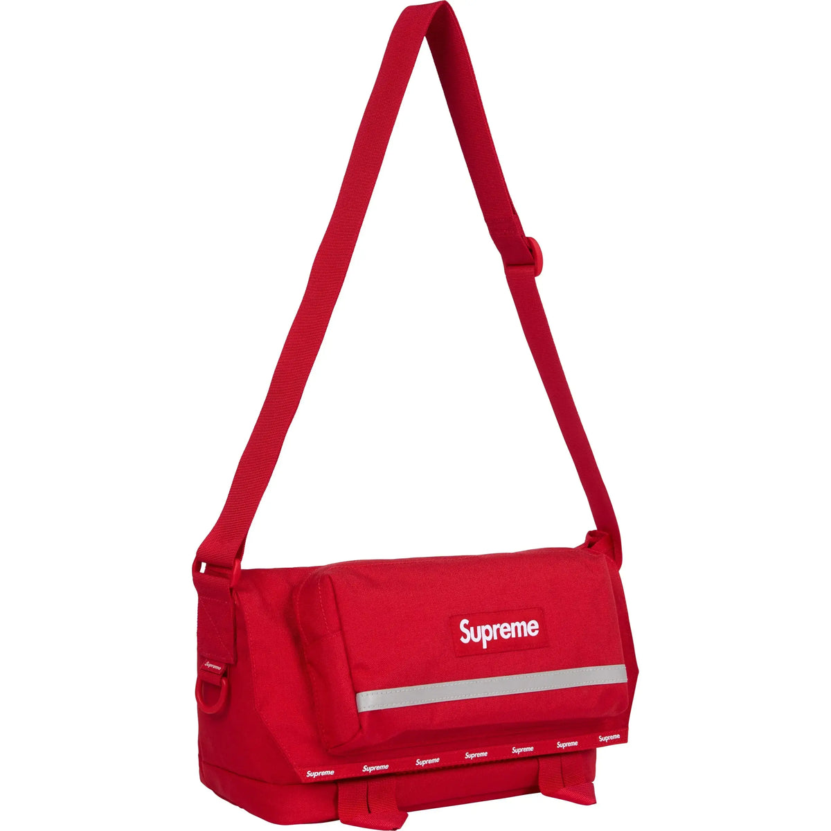 Supreme Messenger Bag FW24 in red with adjustable strap and reflective detail.