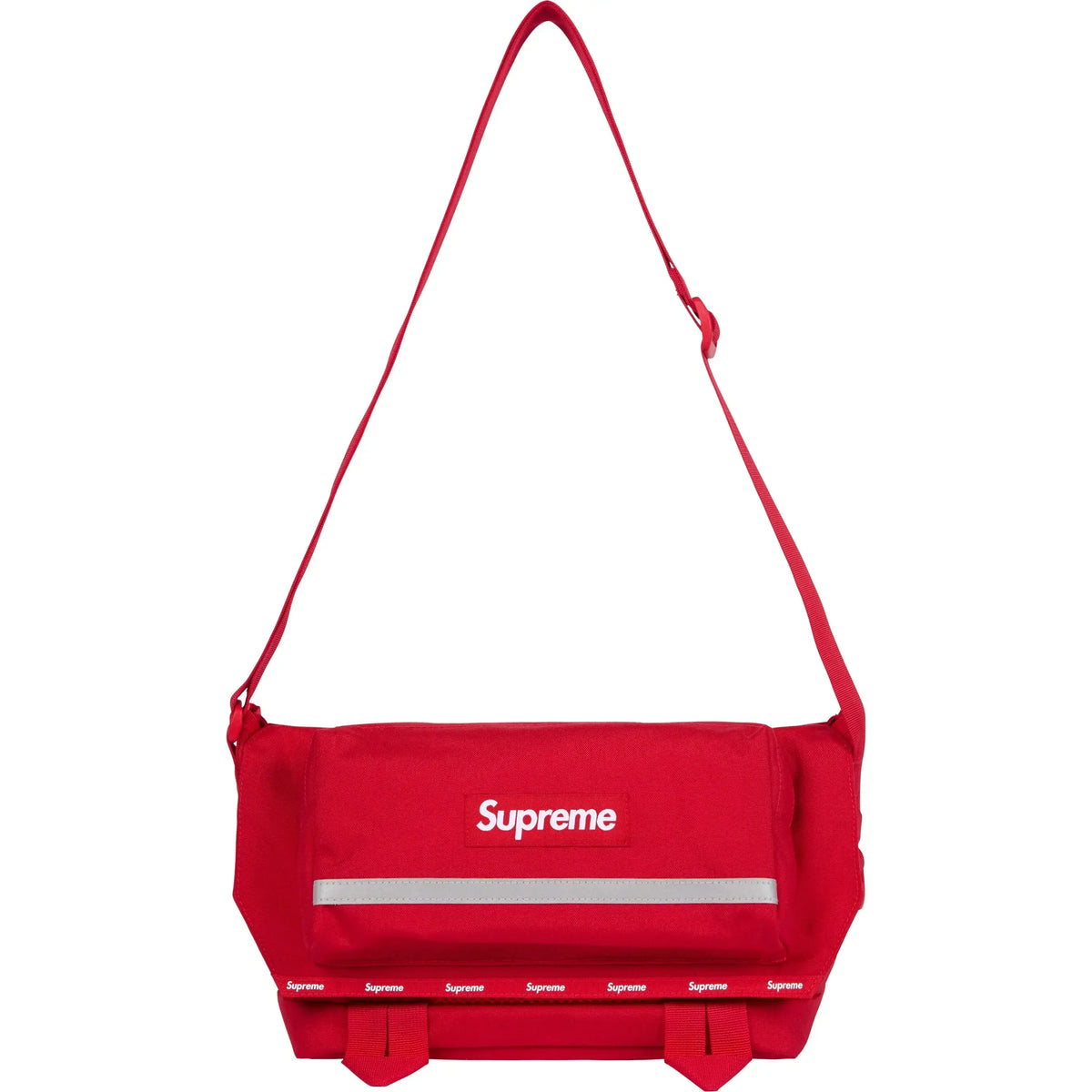 Supreme Messenger Bag FW24 in red with adjustable shoulder strap and reflective detailing.